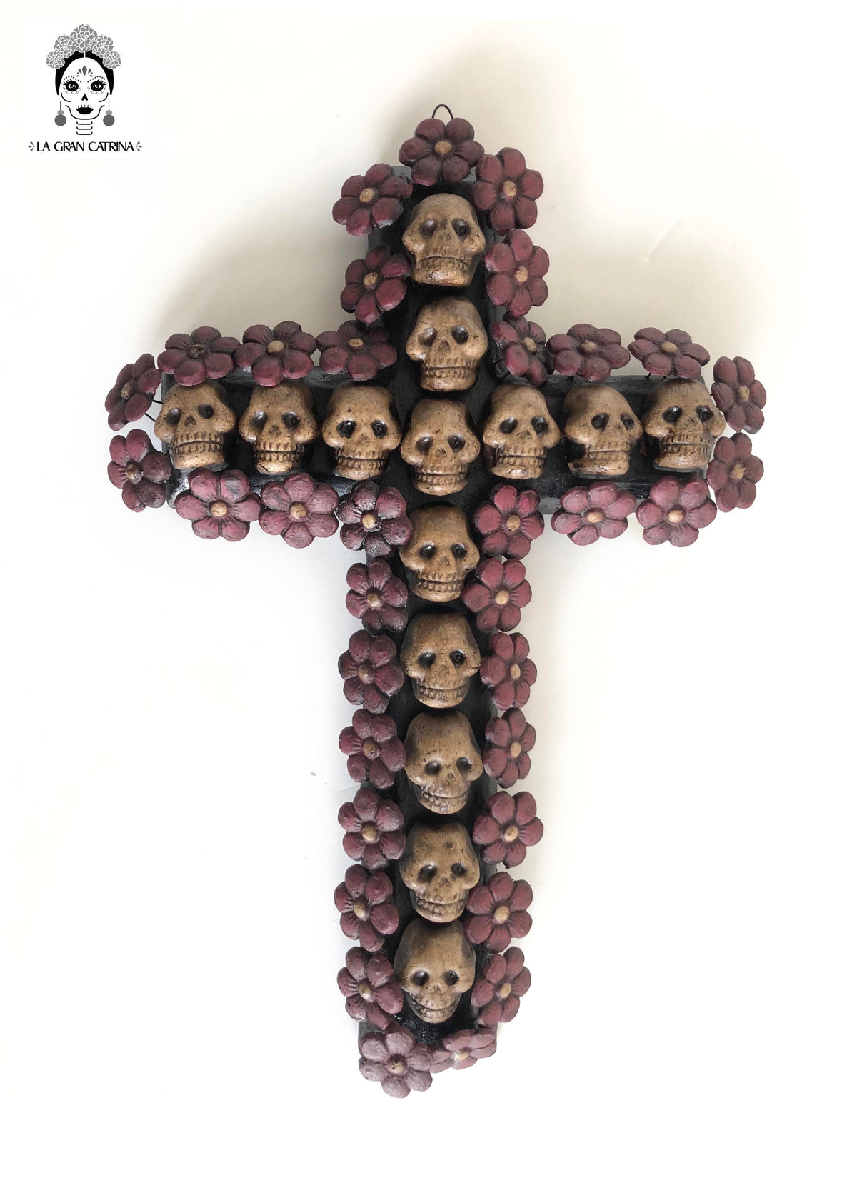 Cross Day of the Dead skulls and marigold 10 in. Lizbeth Cruces