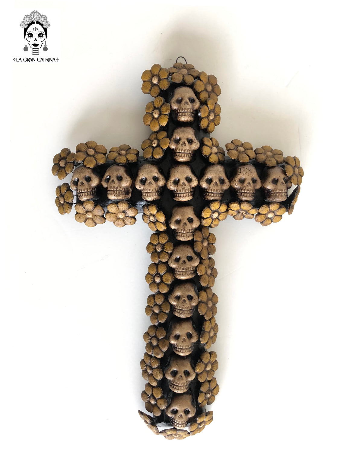 Cross Day of the Dead skulls and marigold 10 in. Lizbeth Cruces