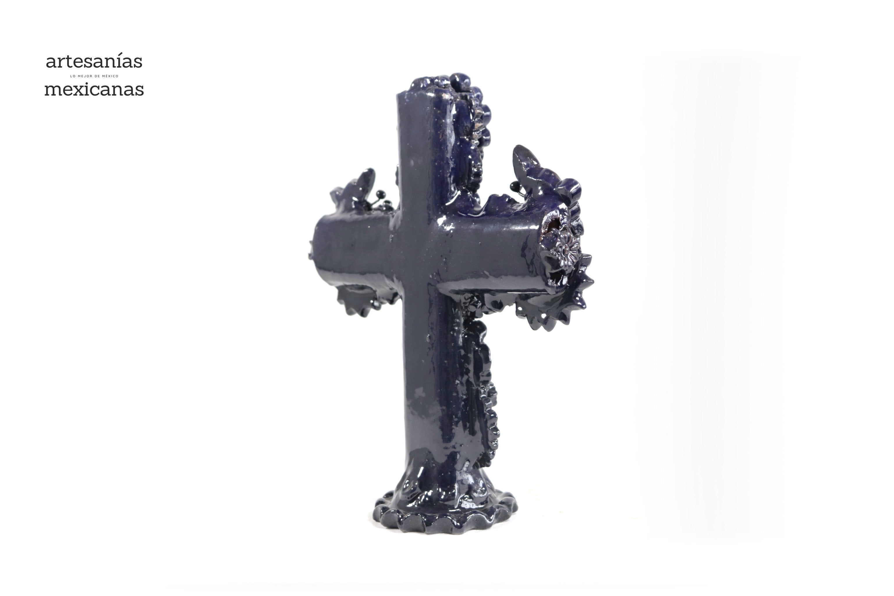 Cross Glazed Clay Blue Cobtall with Flowers - 10 in. Tereri