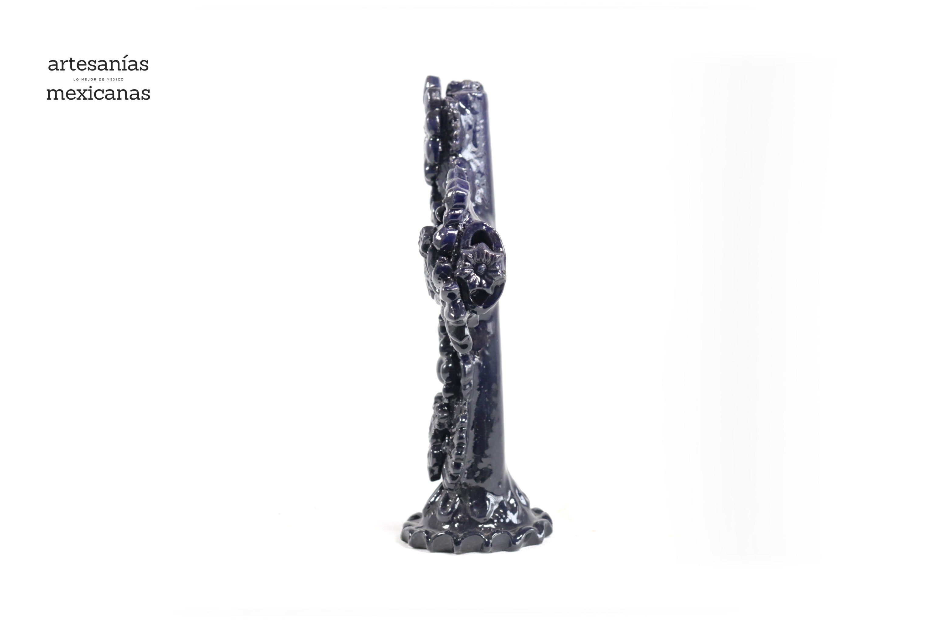 Cross Glazed Clay Blue Cobtall with Flowers - 10 in. Tereri