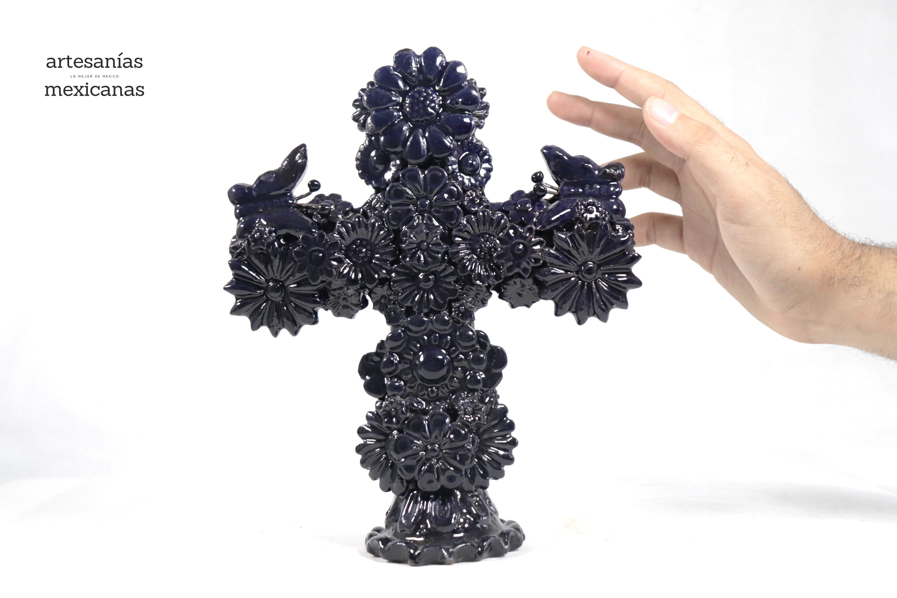 Cross Glazed Clay Blue Cobtall with Flowers - 10 in. Tereri
