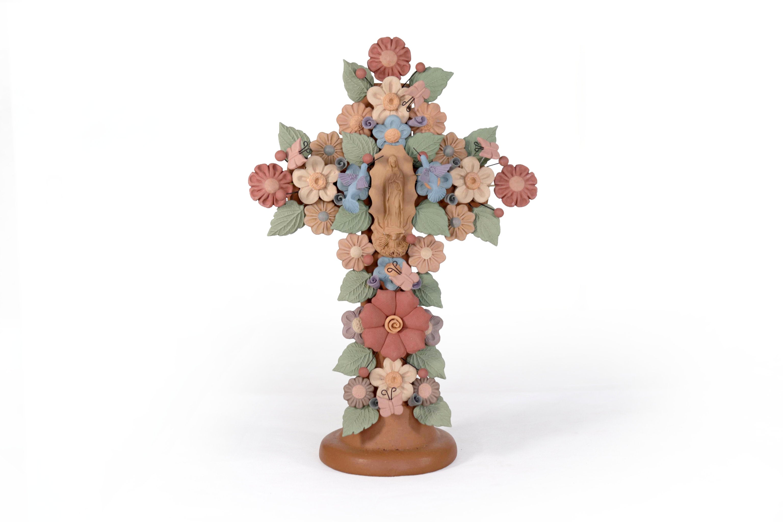 Floral Cross Clay with Virgin of Guadalupe and Birds - 12.3 in. Cecilio