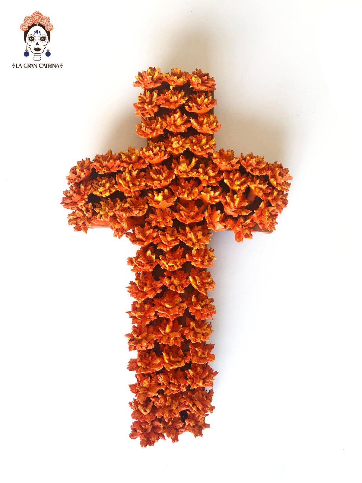 Cross Day of the Dead skulls and marigold 10 in. Lizbeth Cruces