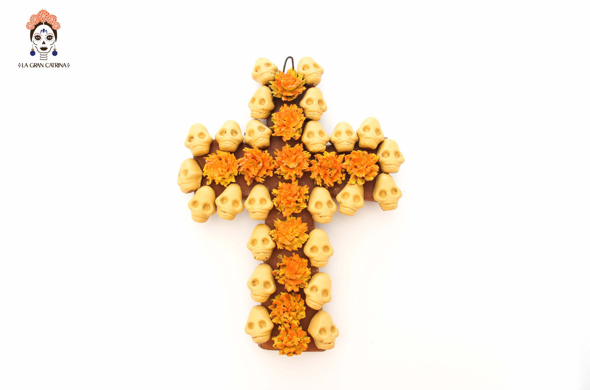 Cross Day of the Dead skulls and marigold 10 in. Lizbeth Cruces