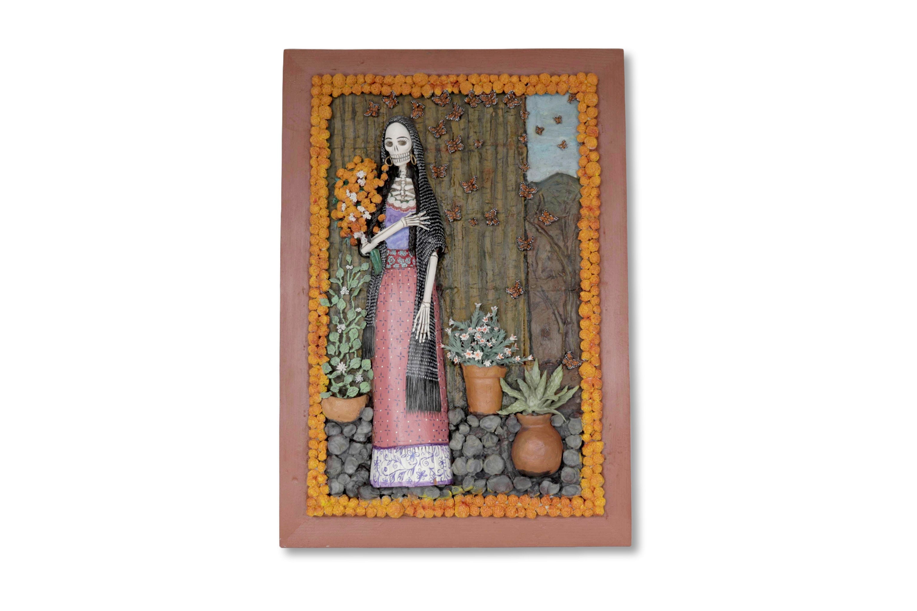 Paisaje of día of Dead, Catrina with marigold - 22.4 in. Miguel de la Cruz