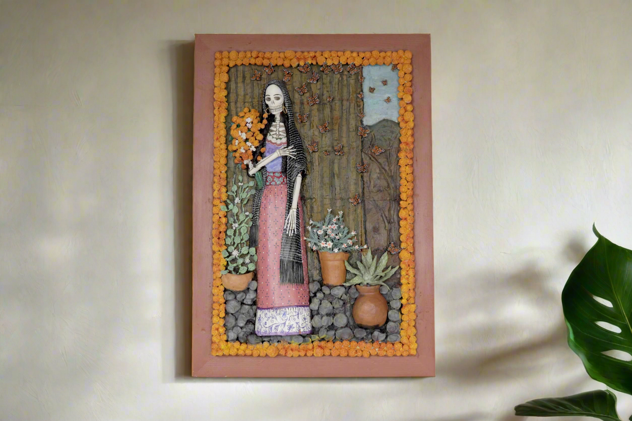 Paisaje of día of Dead, Catrina with marigold - 22.4 in. Miguel de la Cruz