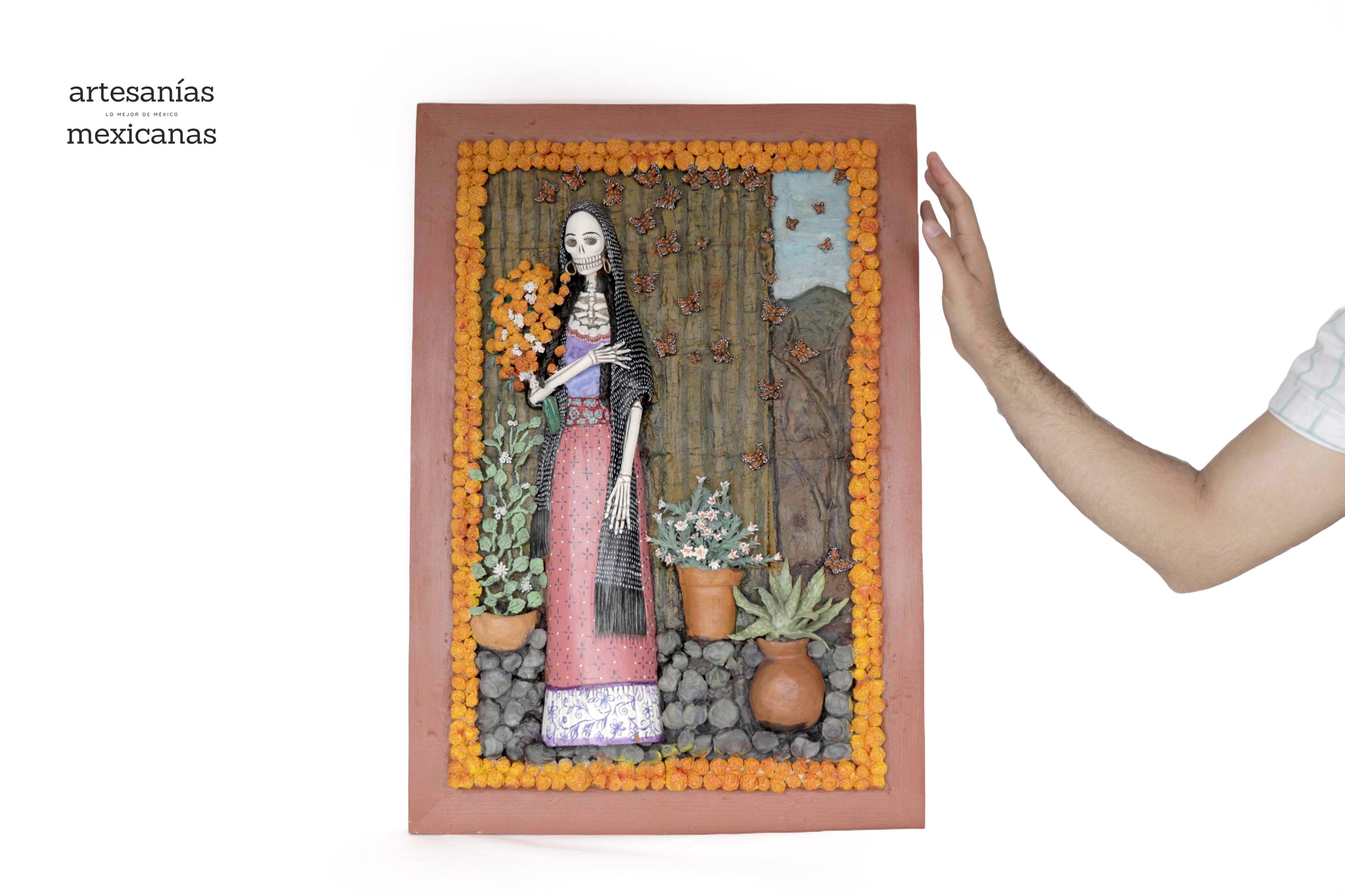 Paisaje of día of Dead, Catrina with marigold - 22.4 in. Miguel de la Cruz