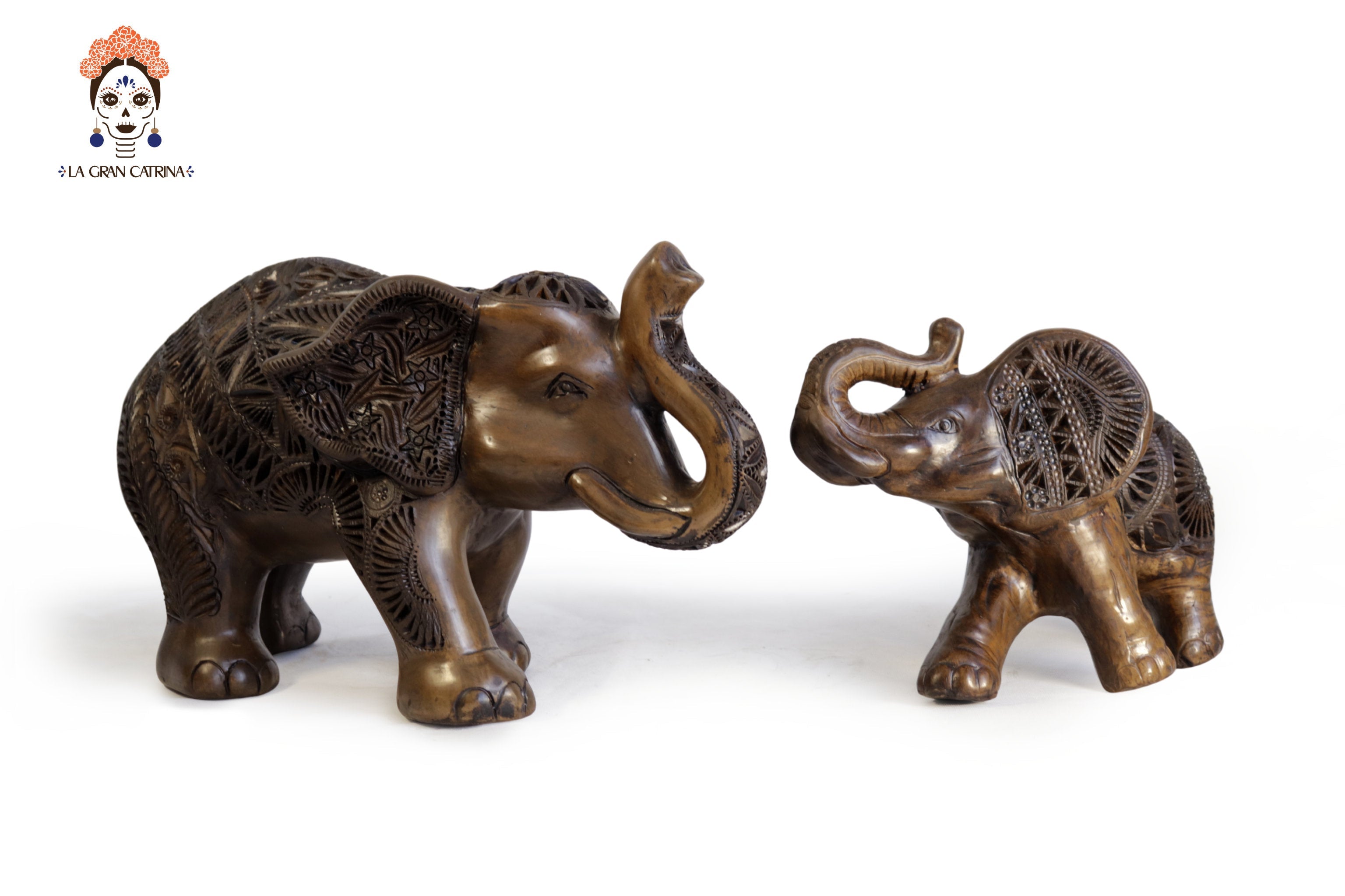 Black Clay Pair of Brown Elephants - 9.4 in. - 7 in. Tere Oax