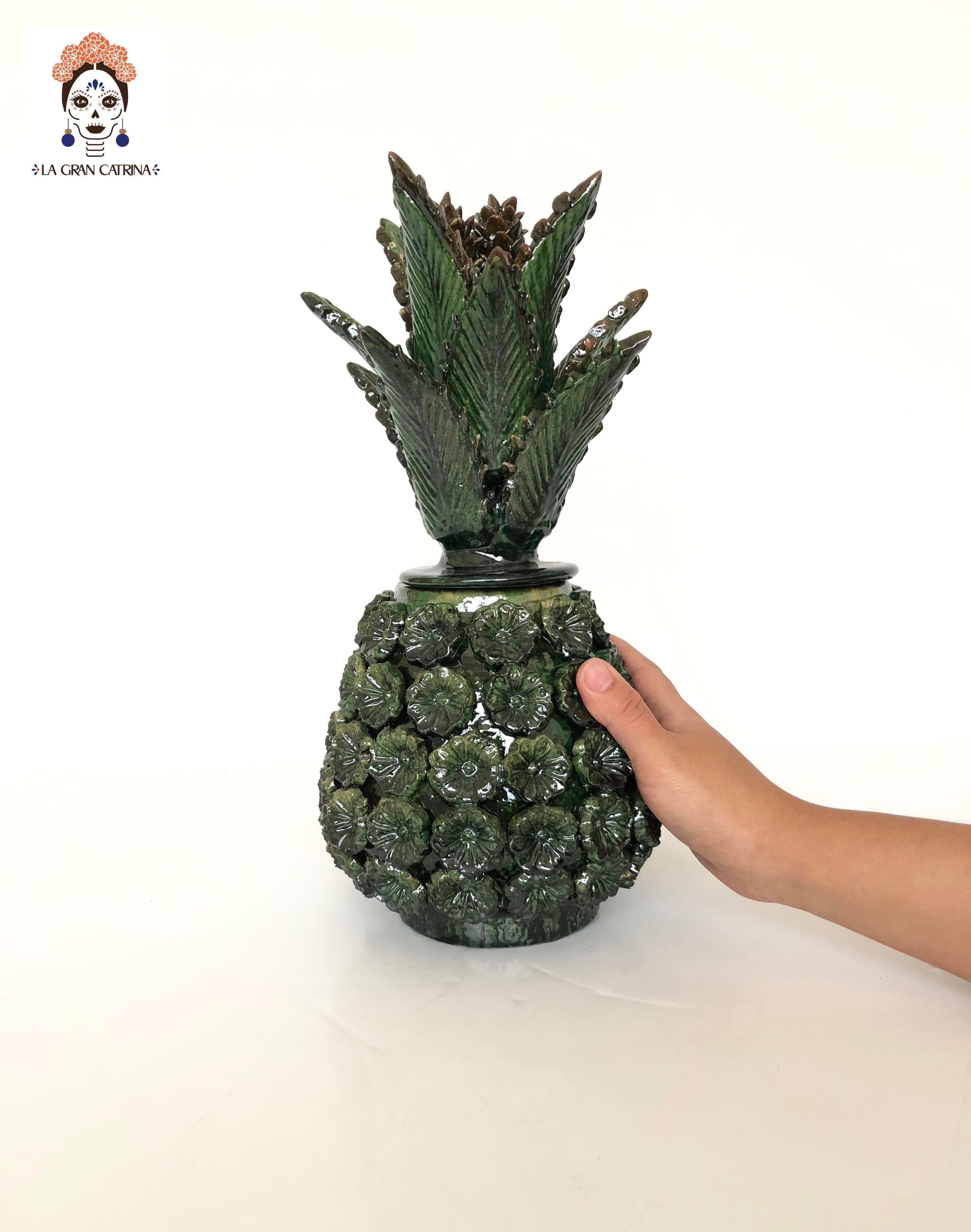 Michoacán Clay Pineapple - Flowers Green - 13 in. - Made to Order Juan Gtz