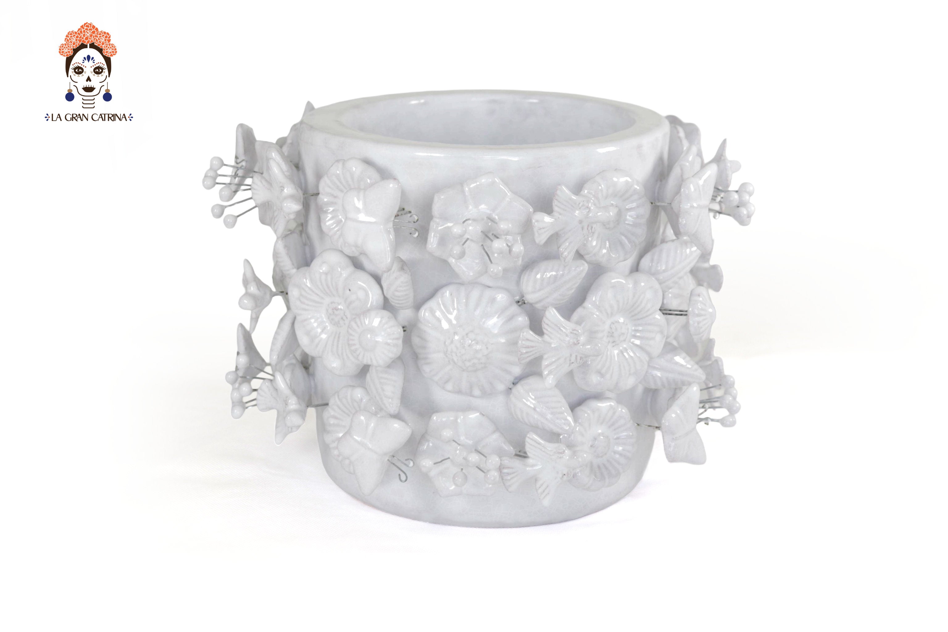 Planter with Flowers and butterflies white - Glazed Clay - 7.6 in. Tereri