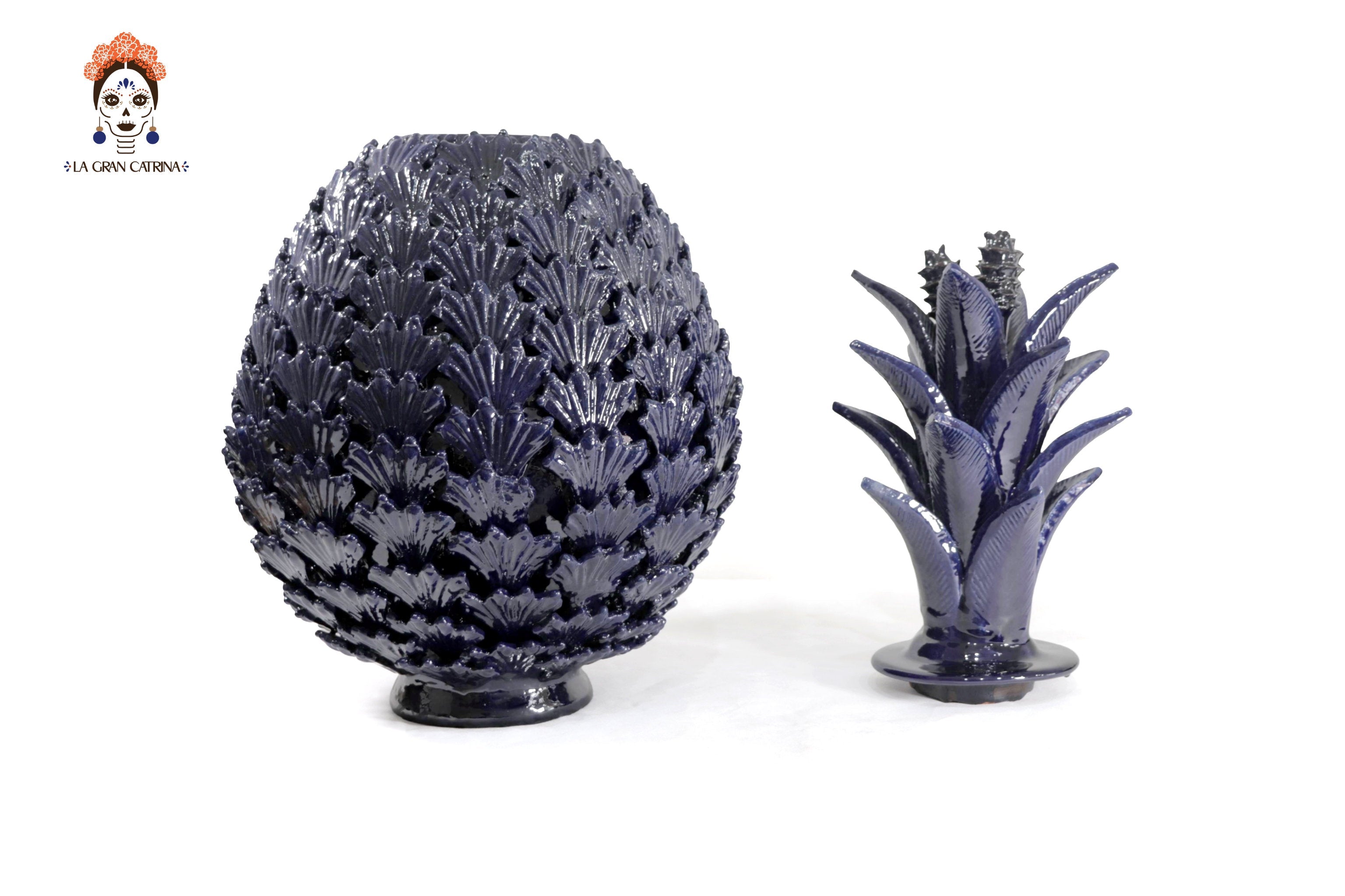 Michoacán Clay Pineapple - Blue with Leaves - 19.6 in. - Made to Order Juan Gtz