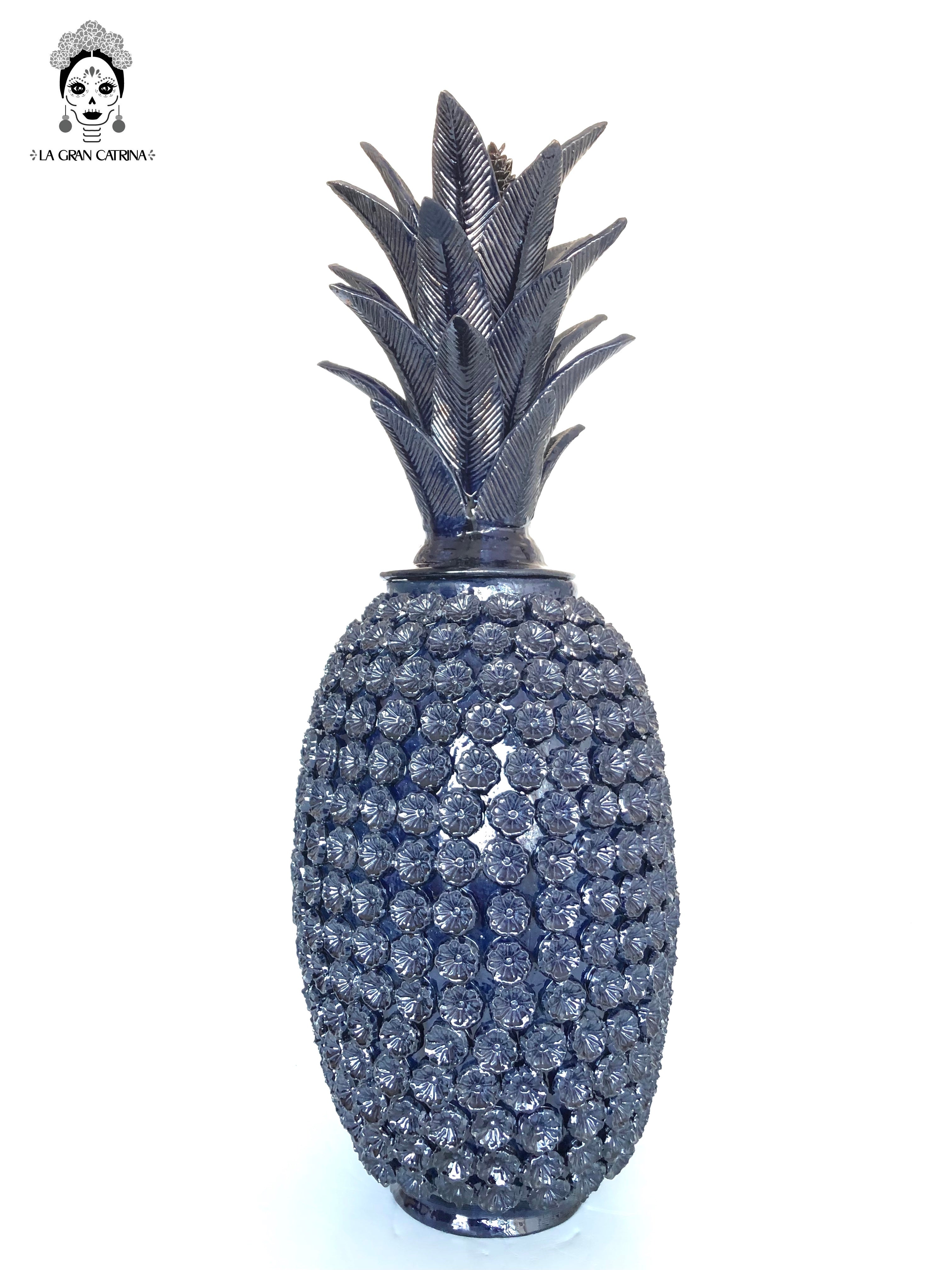 Michoacán Clay Pineapple - Blue with Flowers - 35 in. Juan Gtz