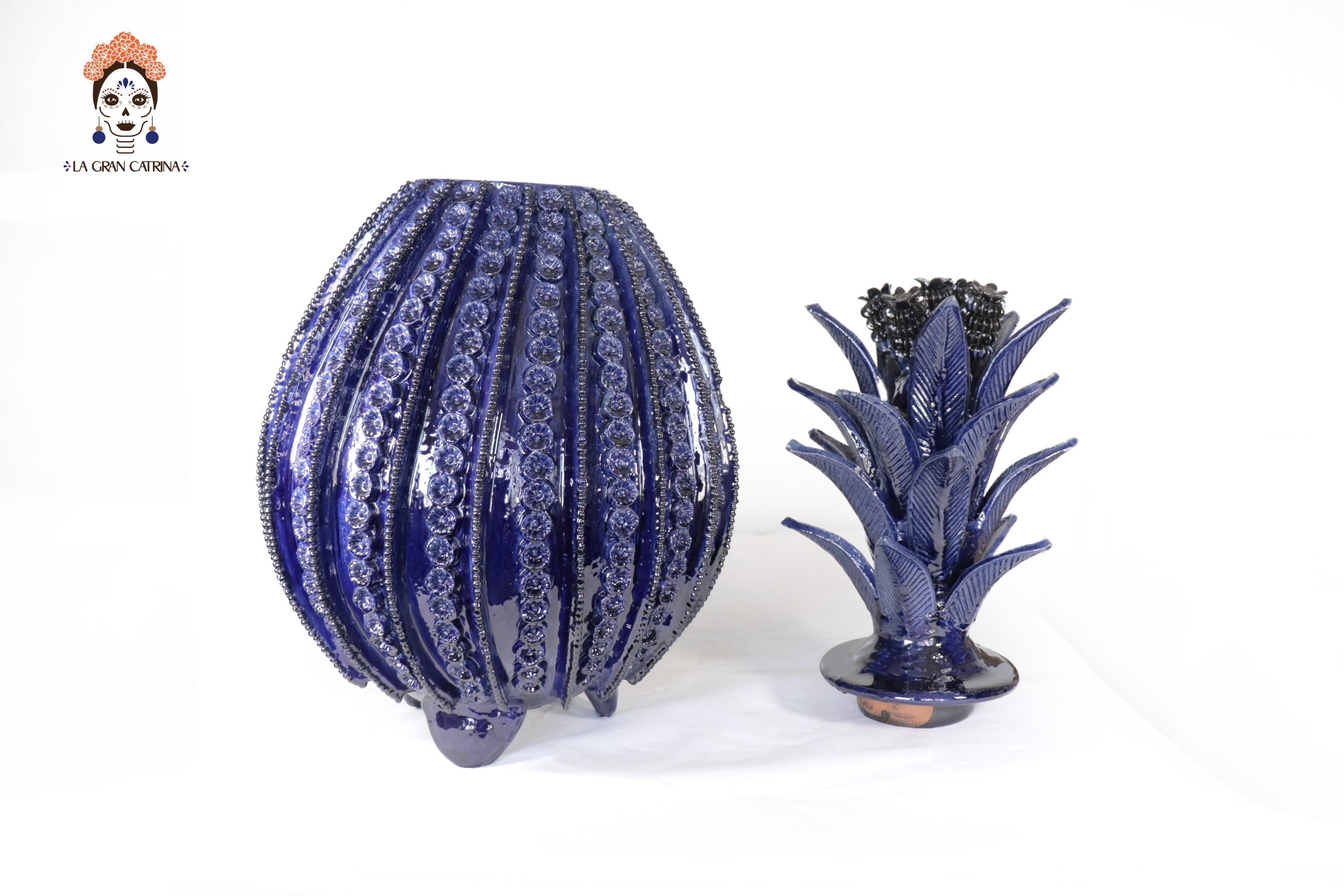Michoacán Clay Pineapple - Blue Barrel Cactus with Flowers - 27.5 in. Celia SJG