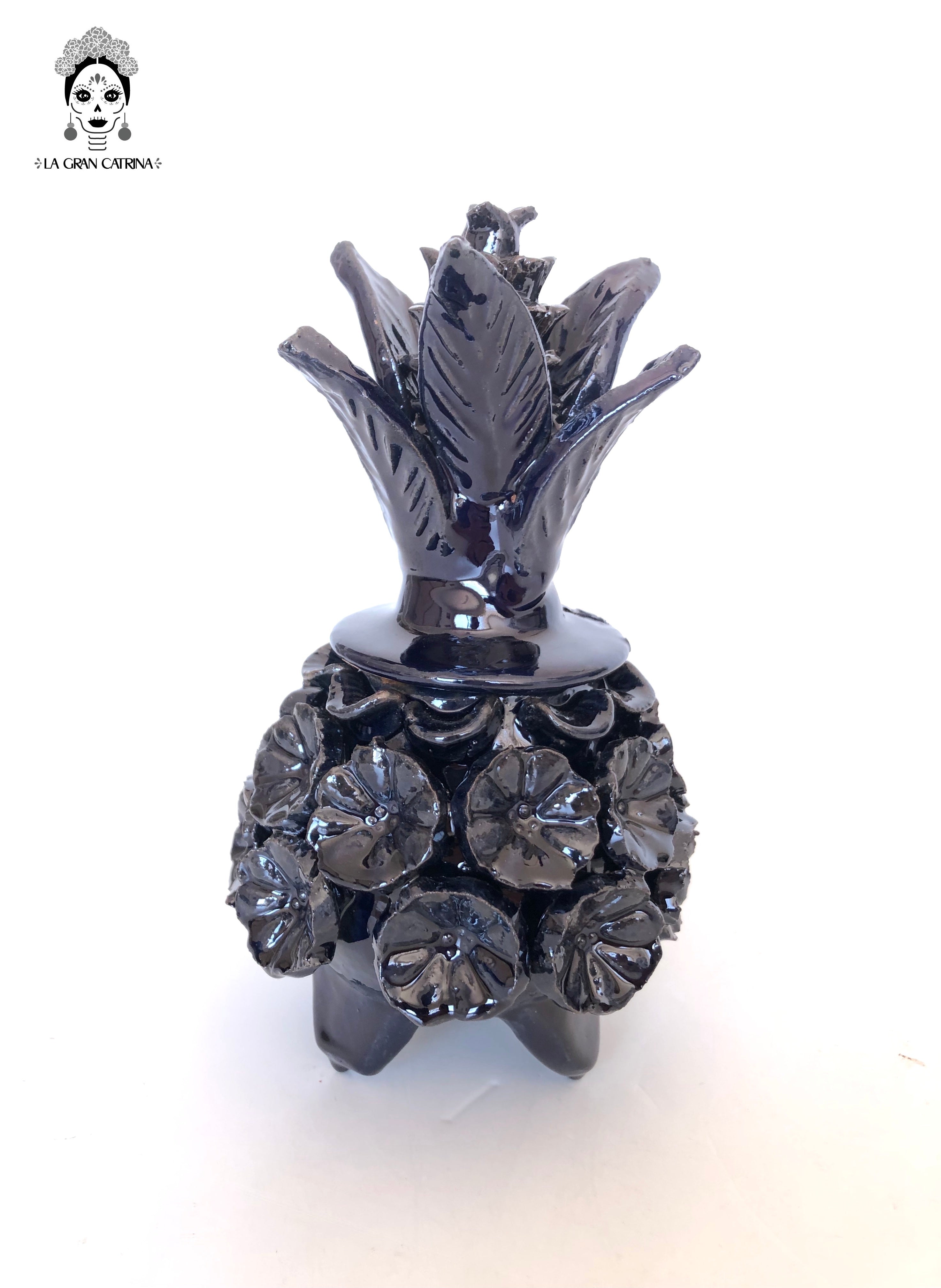 Michoacán Clay Pineapple - Flowers Blue - 7.7 in. - Made to Order Juan Gtz