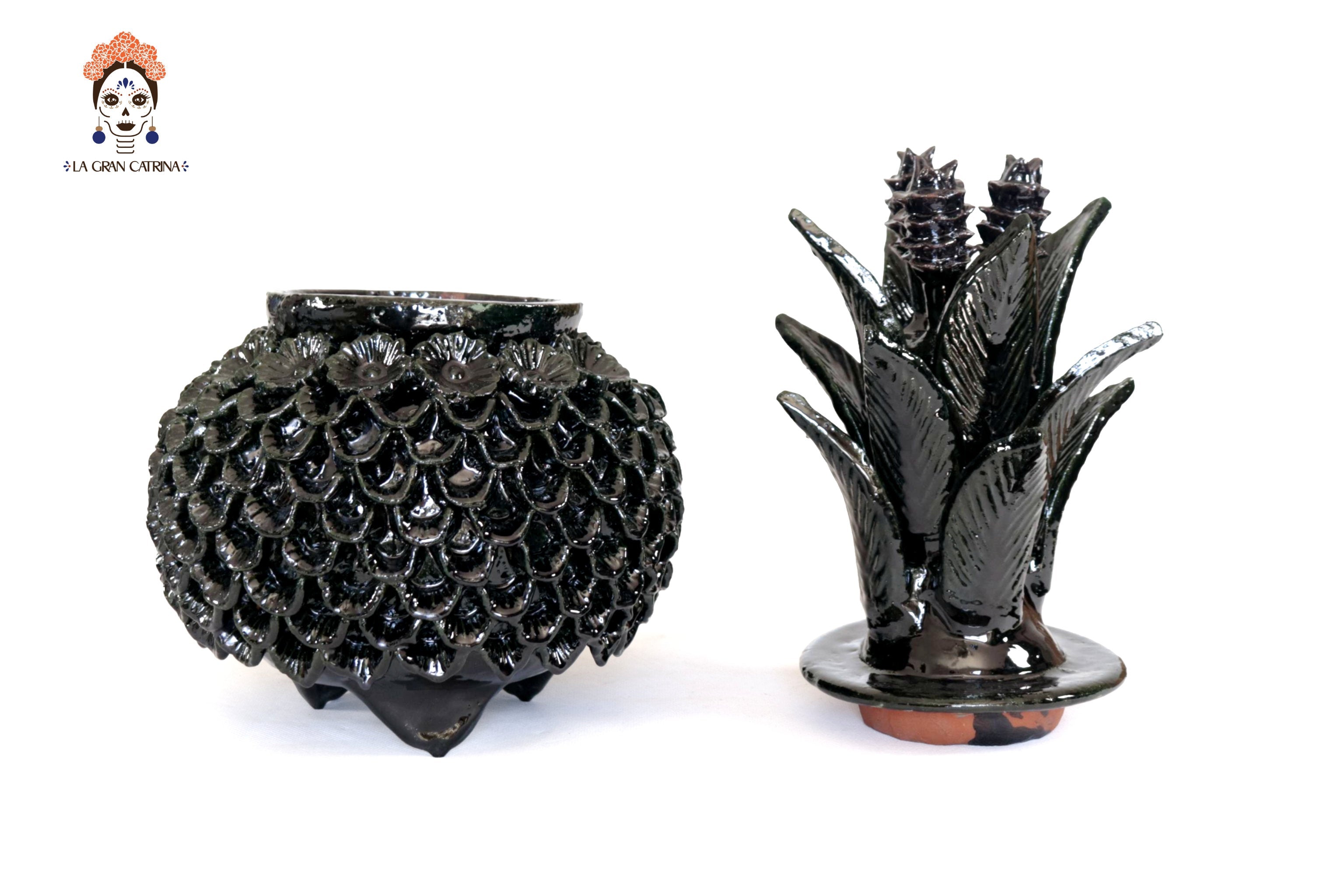 Michoacán Clay Pineapple - Petals and flowers Black - 13 in. - Made to Order Juan Gtz