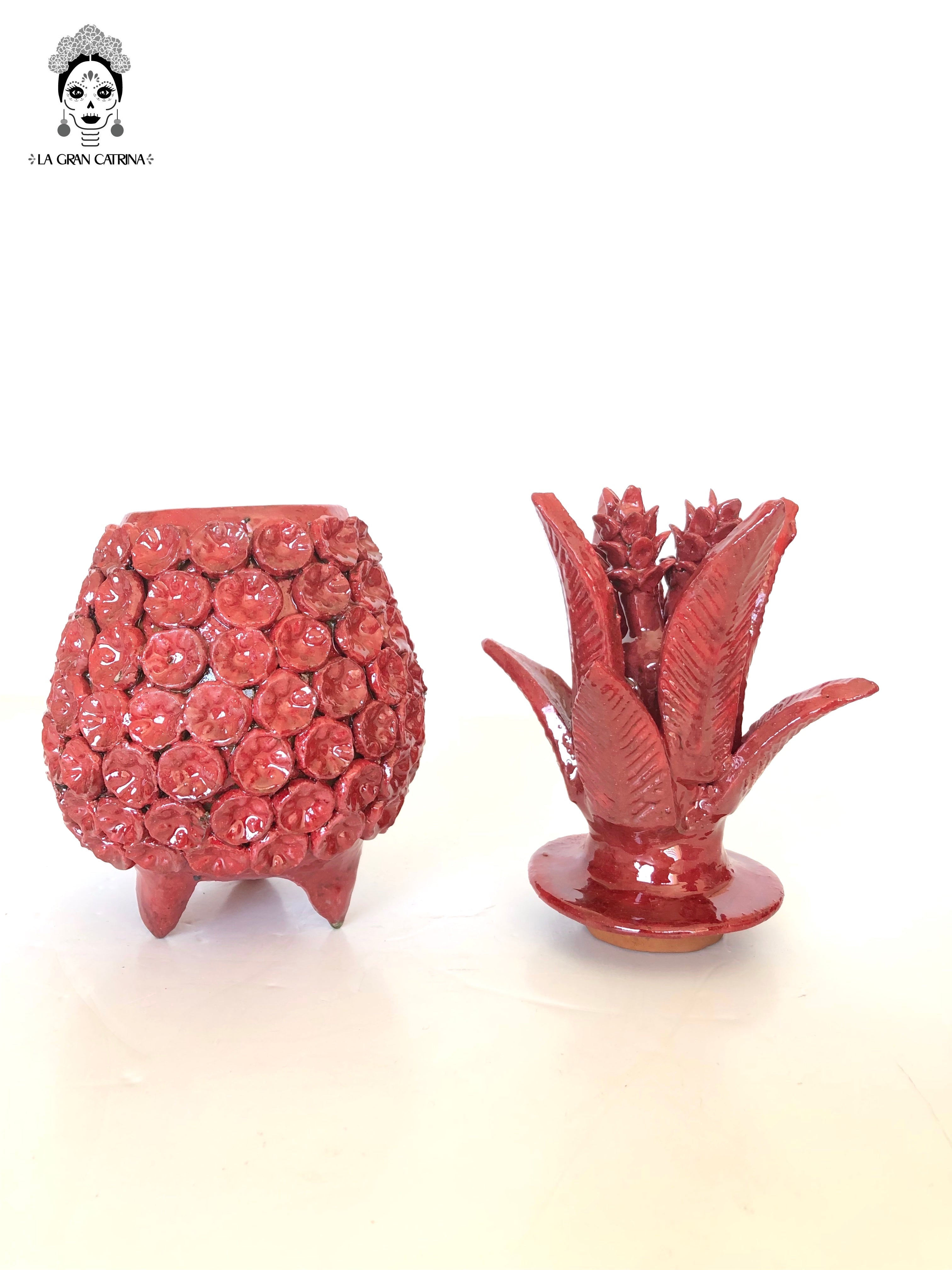 Michoacán Clay Pineapple - Flowers red - 11 in. - Made to Order Juan Gtz