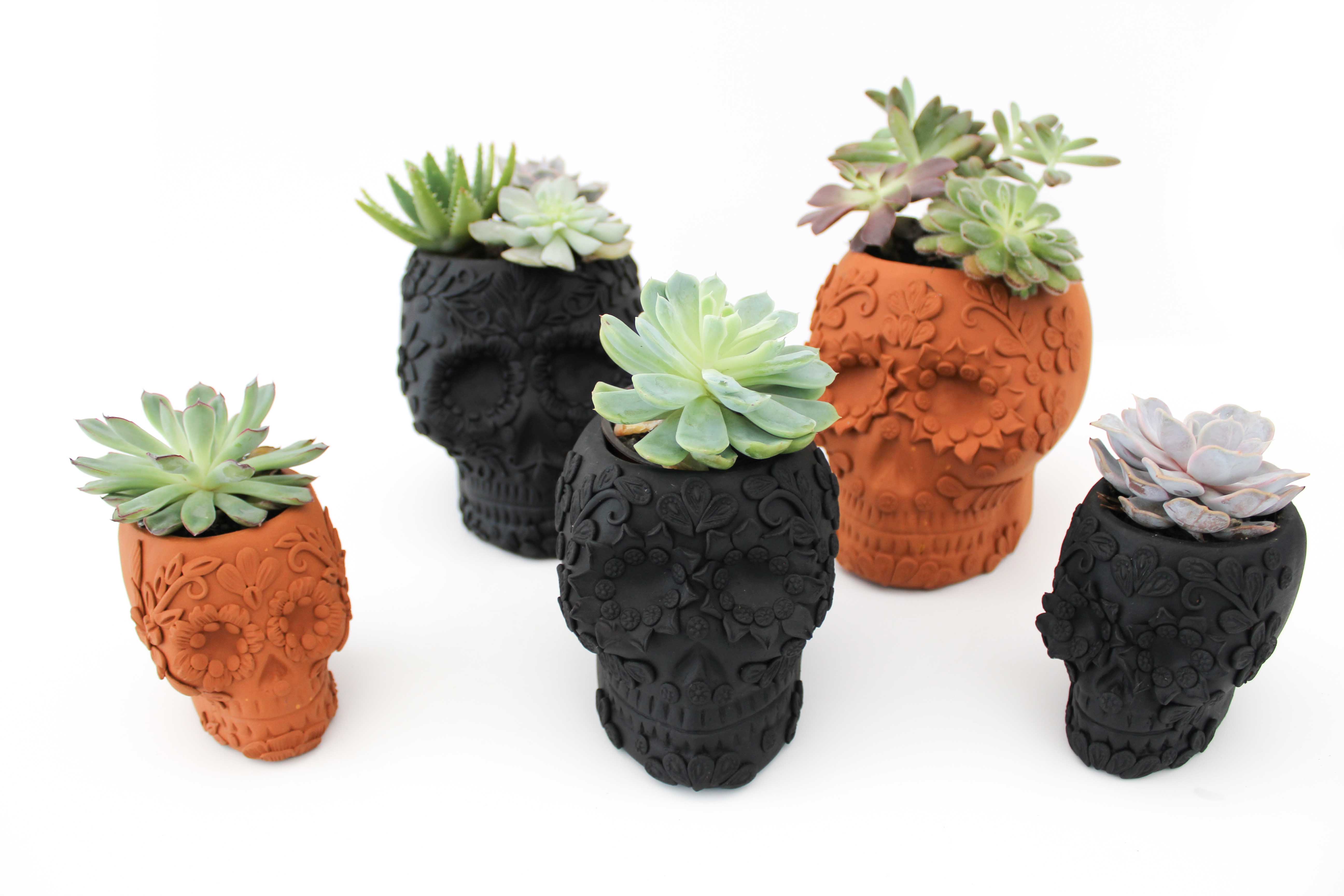 Planter Skull Black Clay with Flowers Relieve - 3.9 in. Brenda Capula