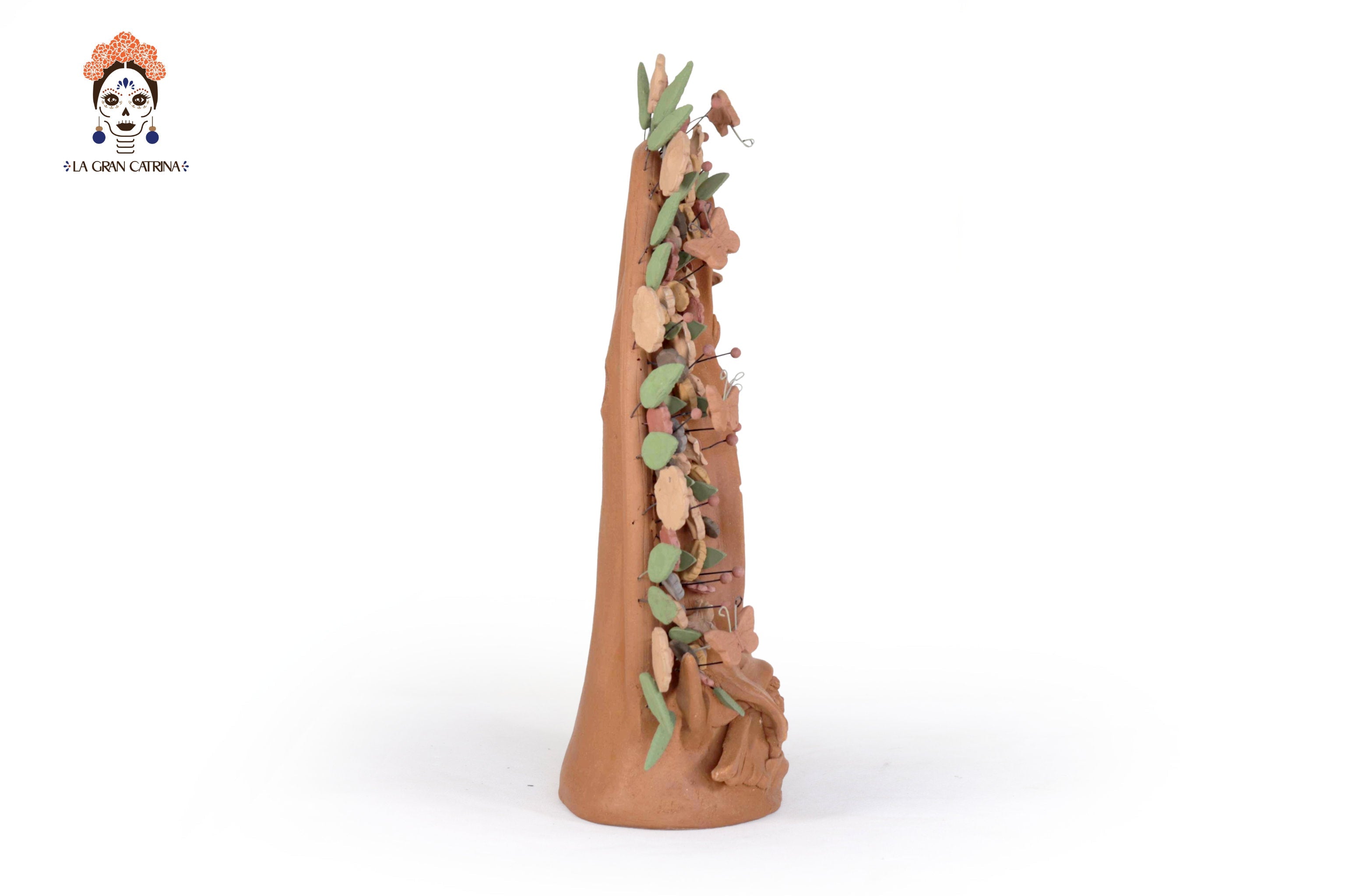 Virgin of Guadalupe - Natural Clay with Butterflies and flowers - 10.8 in. Cecilio