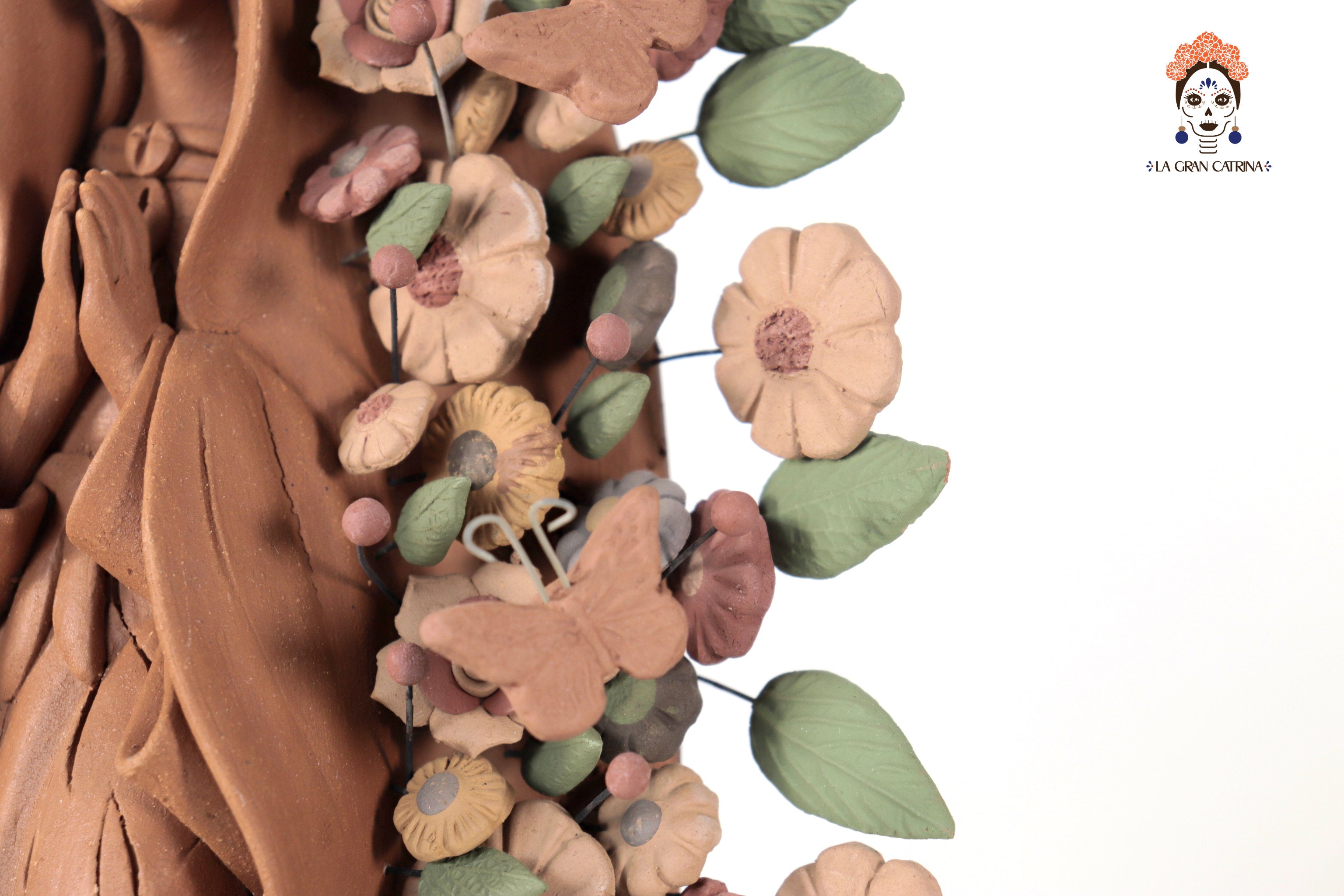Virgin of Guadalupe - Natural Clay with Butterflies and flowers - 10.8 in. Cecilio