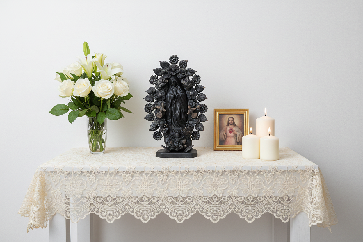 Virgin of Guadalupe - Clay black with Butterflies and flowers - 8.8 in. Cecilio