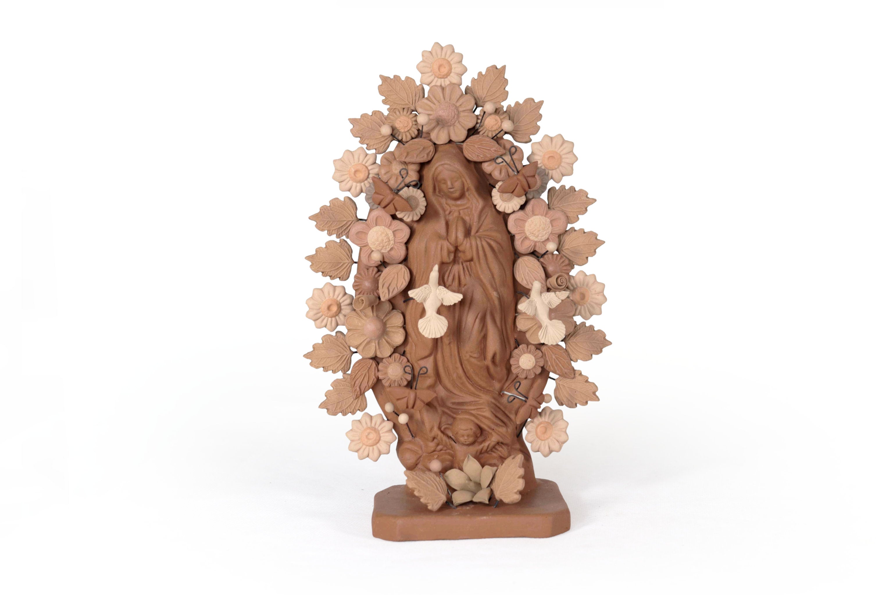 Virgin of Guadalupe - Natural Clay with Butterflies and flowers tono brown - 8.8 in. Cecilio