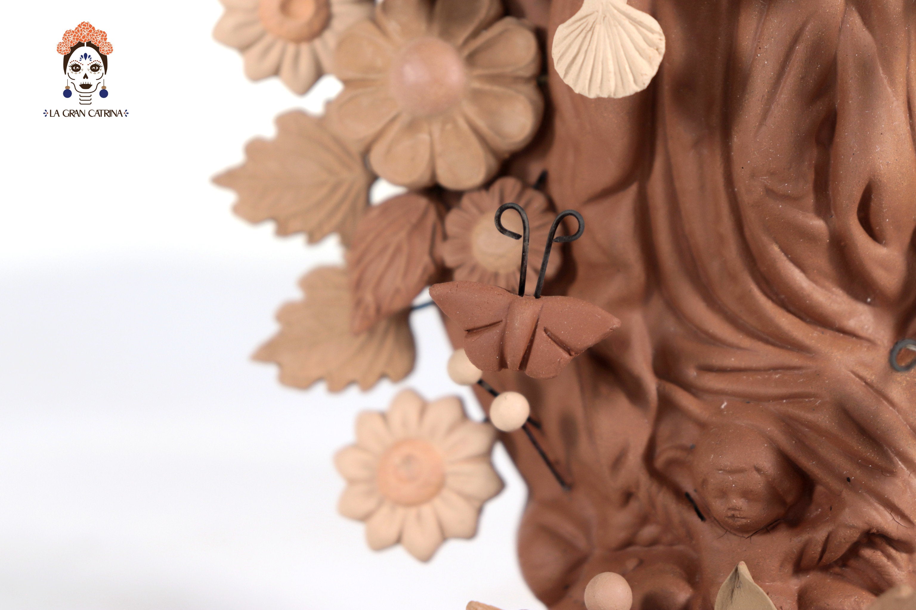 Virgin of Guadalupe - Natural Clay with Butterflies and flowers tono brown - 8.8 in. Cecilio