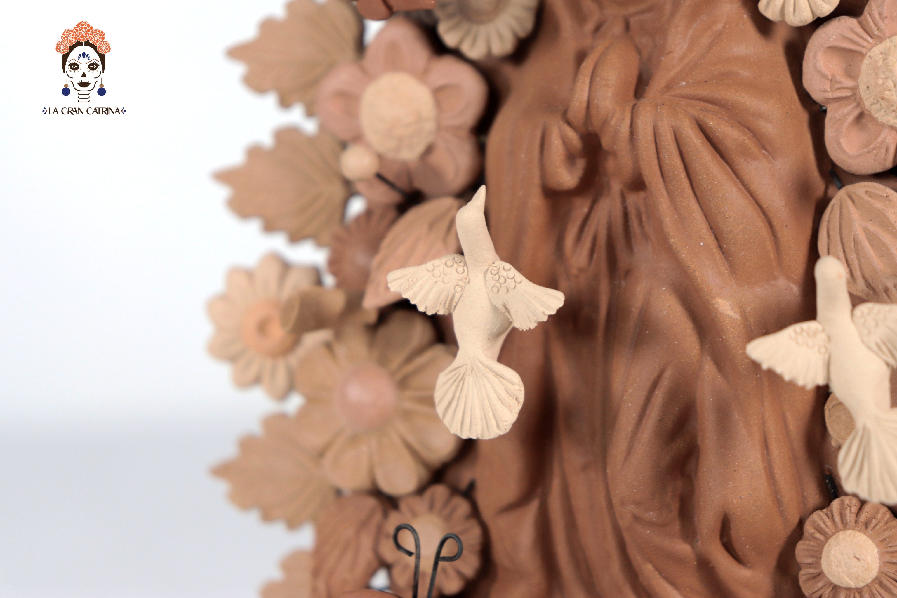 Virgin of Guadalupe - Natural Clay with Butterflies and flowers tono brown - 8.8 in. Cecilio