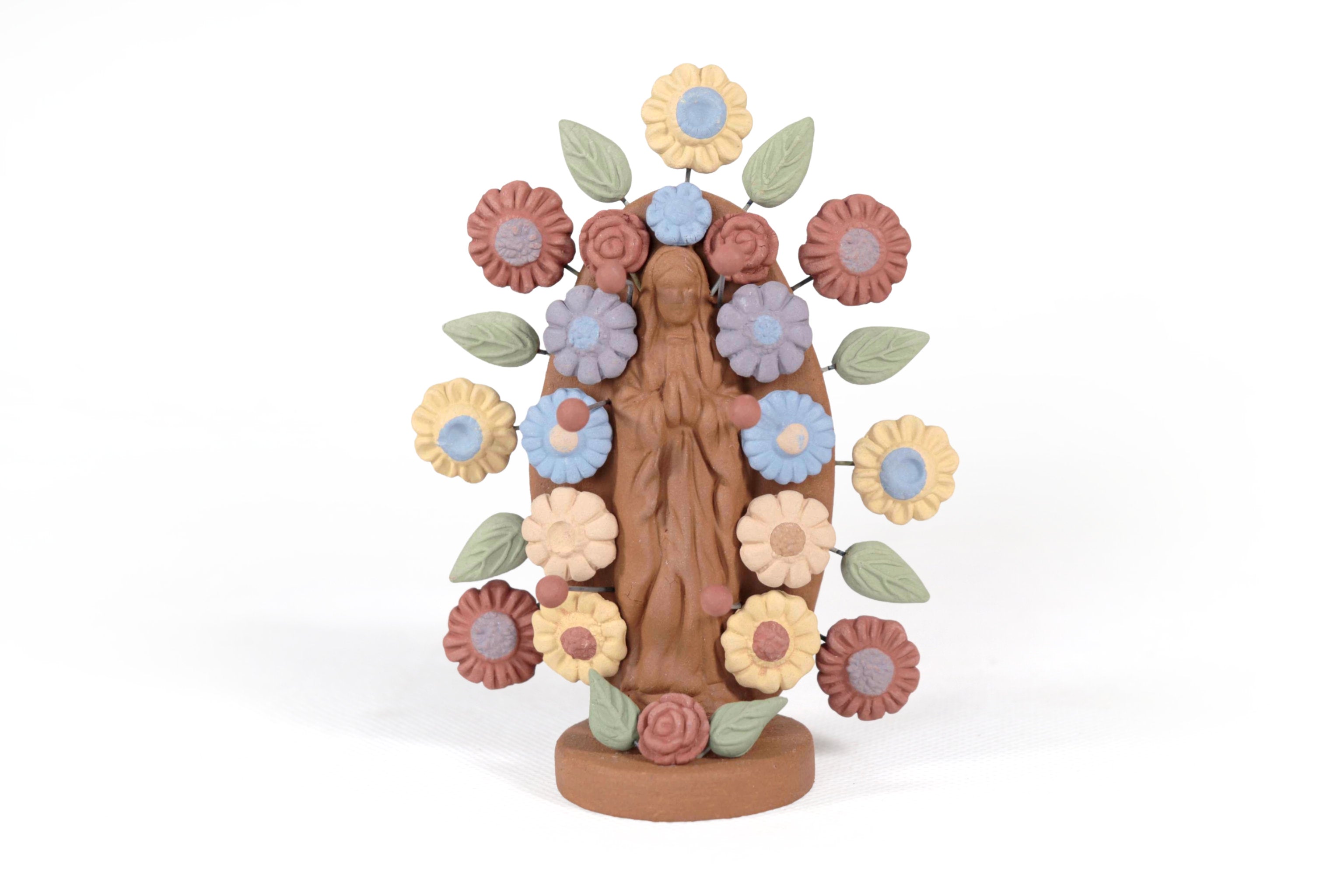 Virgin of Guadalupe - Natural Clay with Butterflies and flowers - 4.2 in. Cecilio