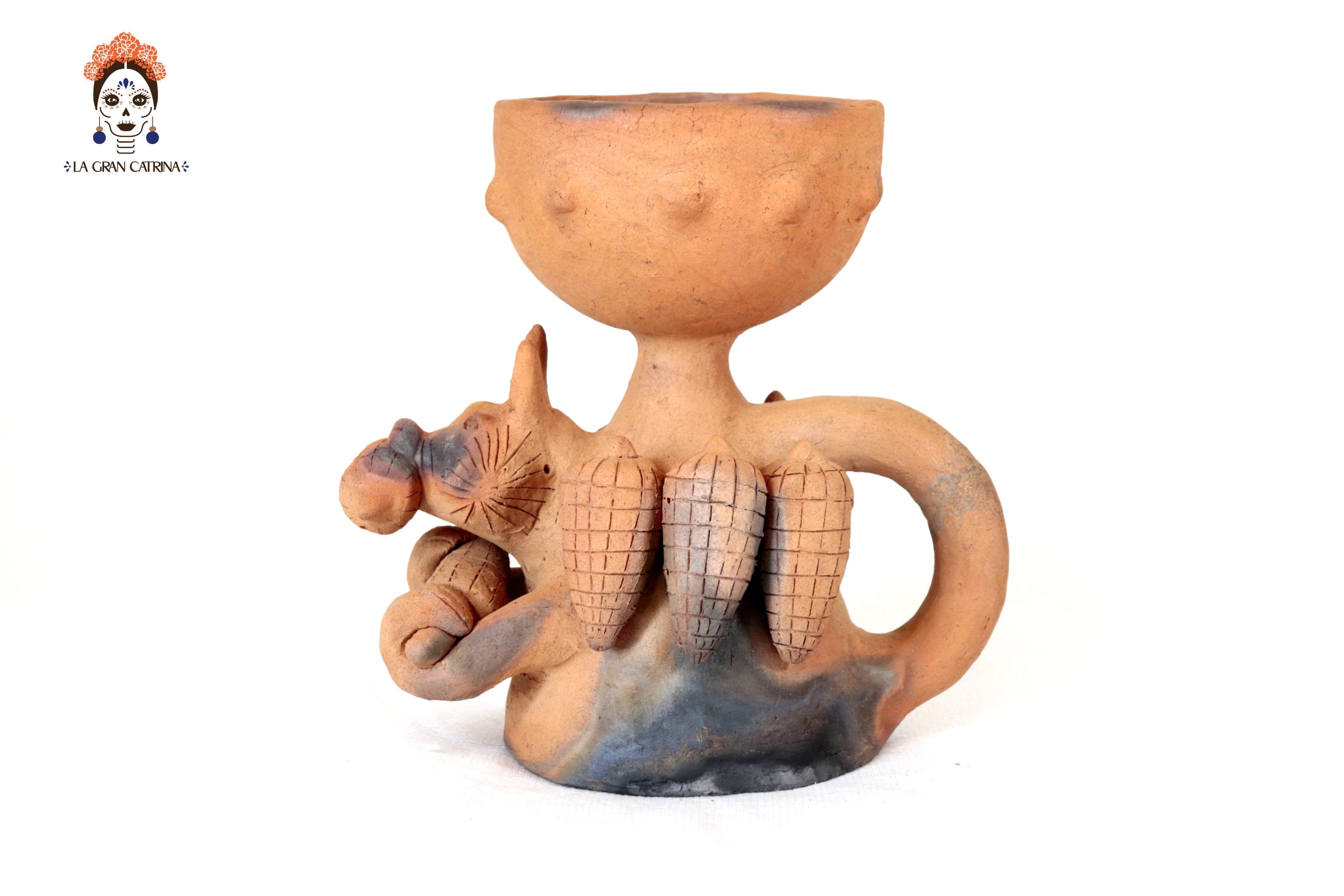 Seed-Holding Fox Copal Burner of Natural Clay - 9.4 in. Zipiajo