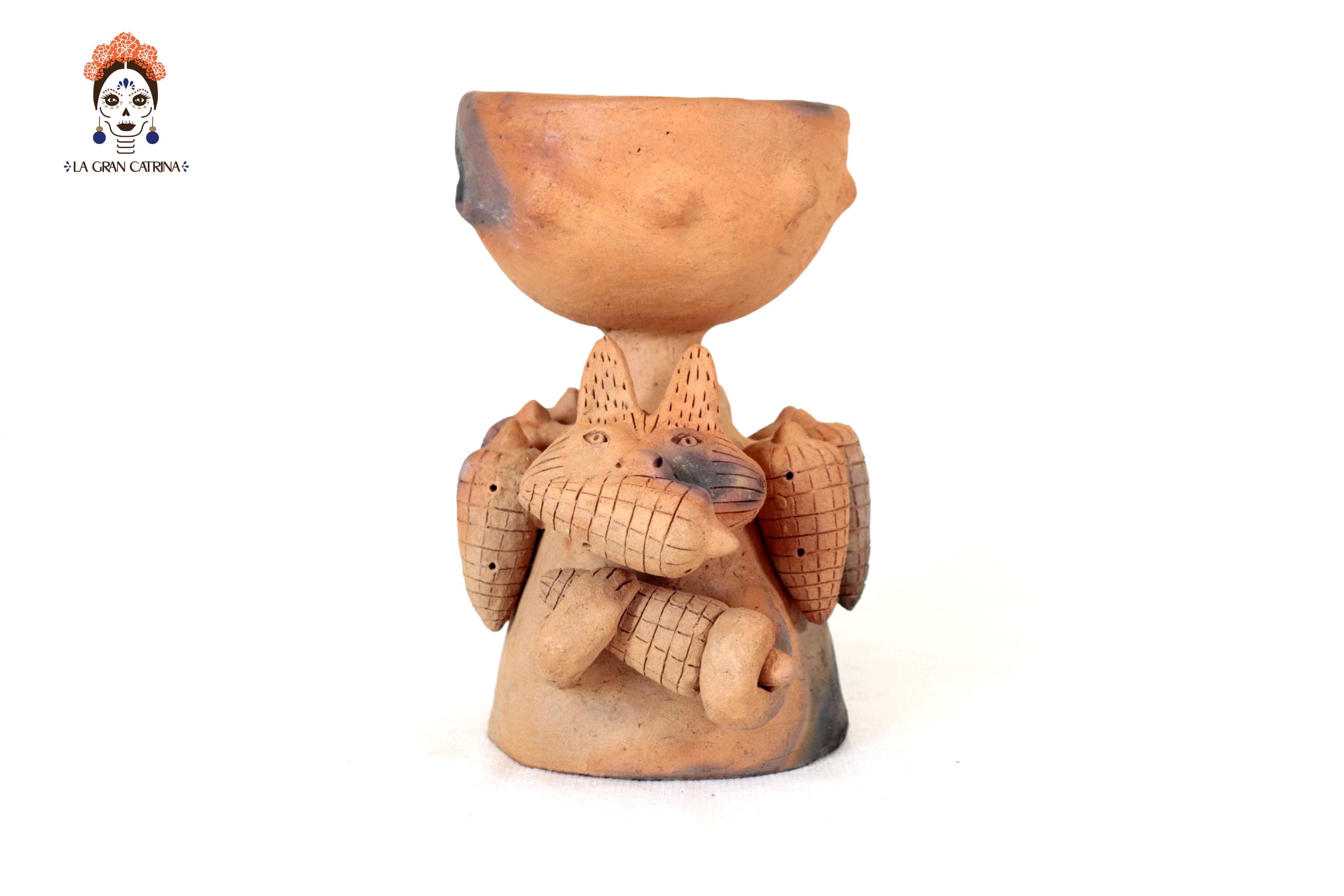 Seed-Holding Fox Copal Burner of Natural Clay - 9.4 in. Zipiajo
