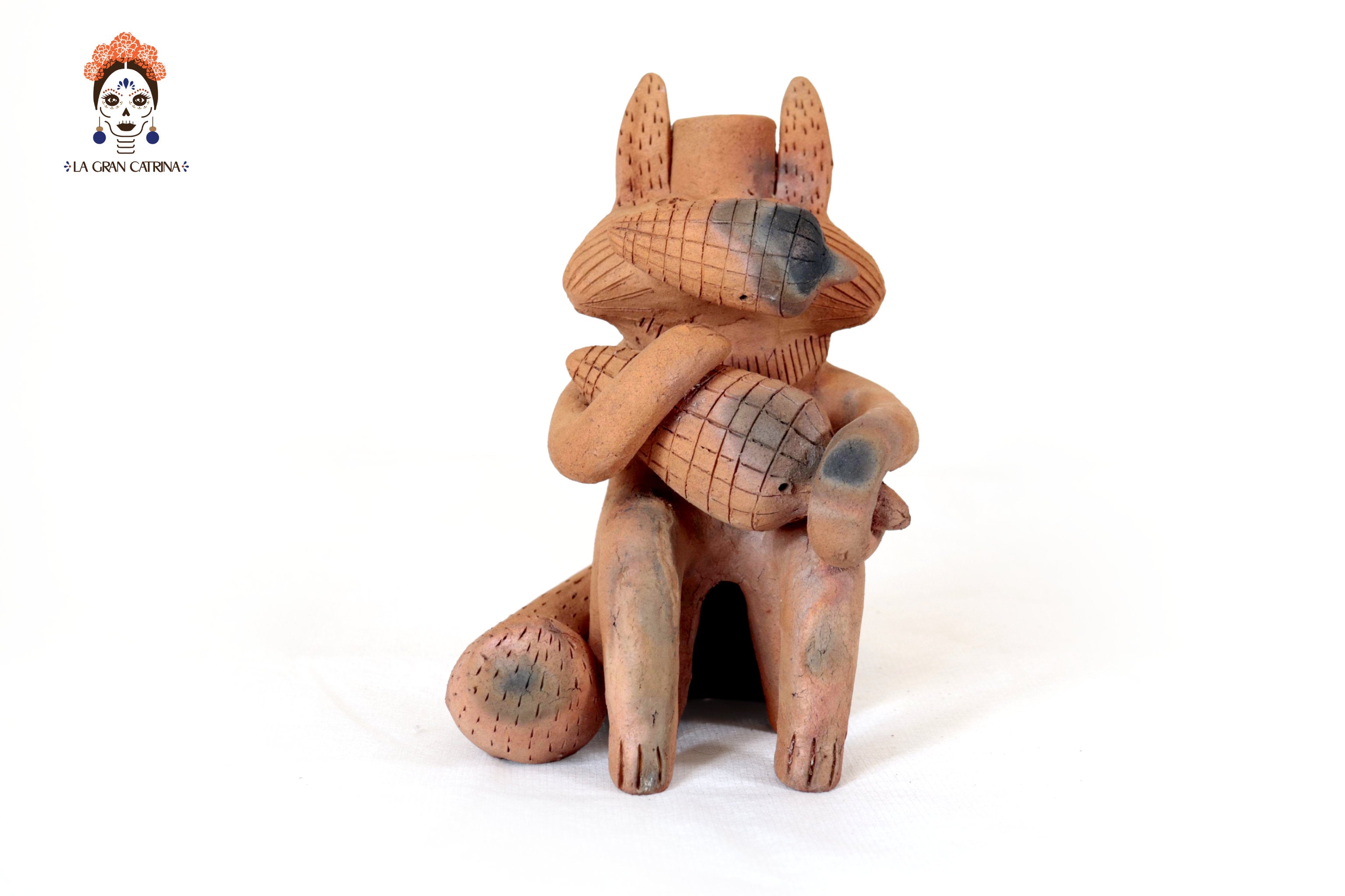 Seed-Holding Fox Candleholder of Natural Clay - 9.8 in. Zipiajo