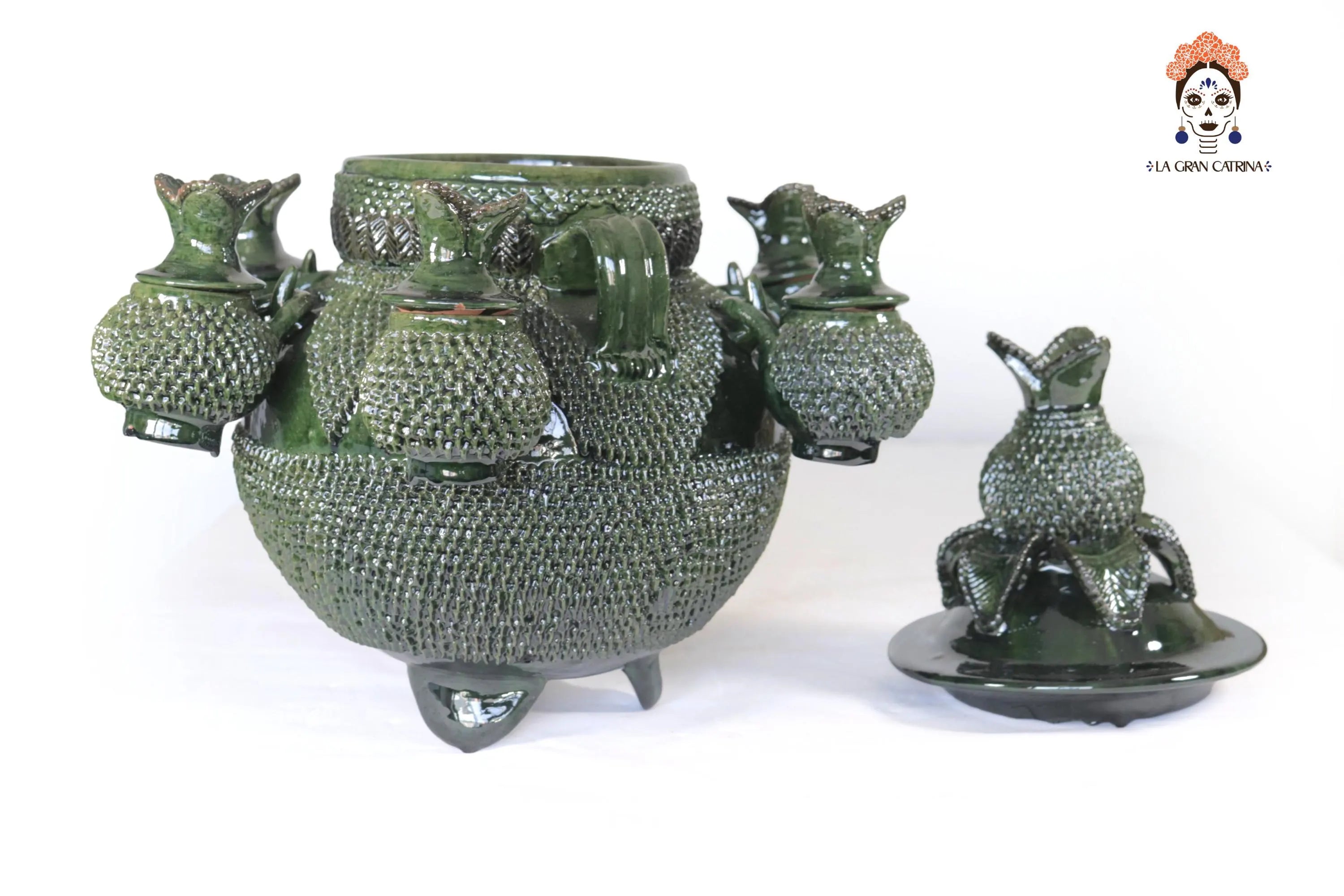 Ponchera of tejido green with jarritos Clay - 14.9 in. Viejitos SJG