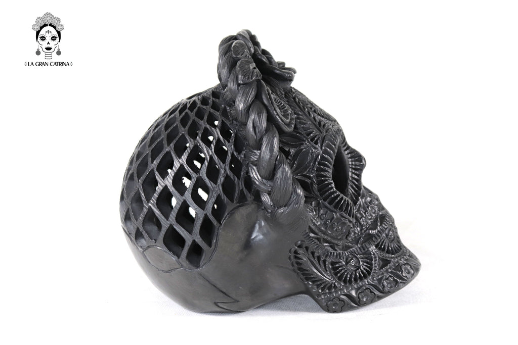 Black Clay Skull with Flowers 7.9 in. Tere Oax