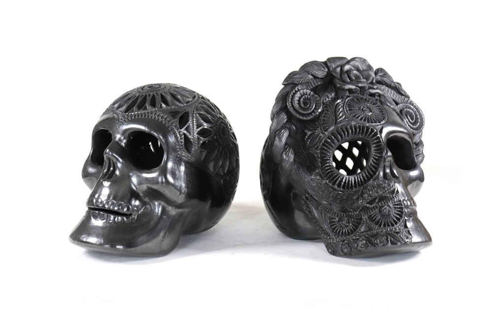 Pair Black Clay Skulls 7.1 in. - 7.9 in. Tere Oax