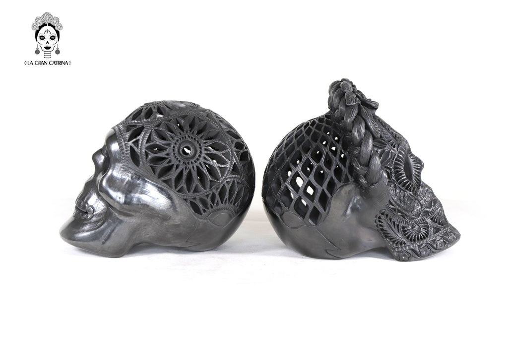 Pair Black Clay Skulls 7.1 in. - 7.9 in. Tere Oax