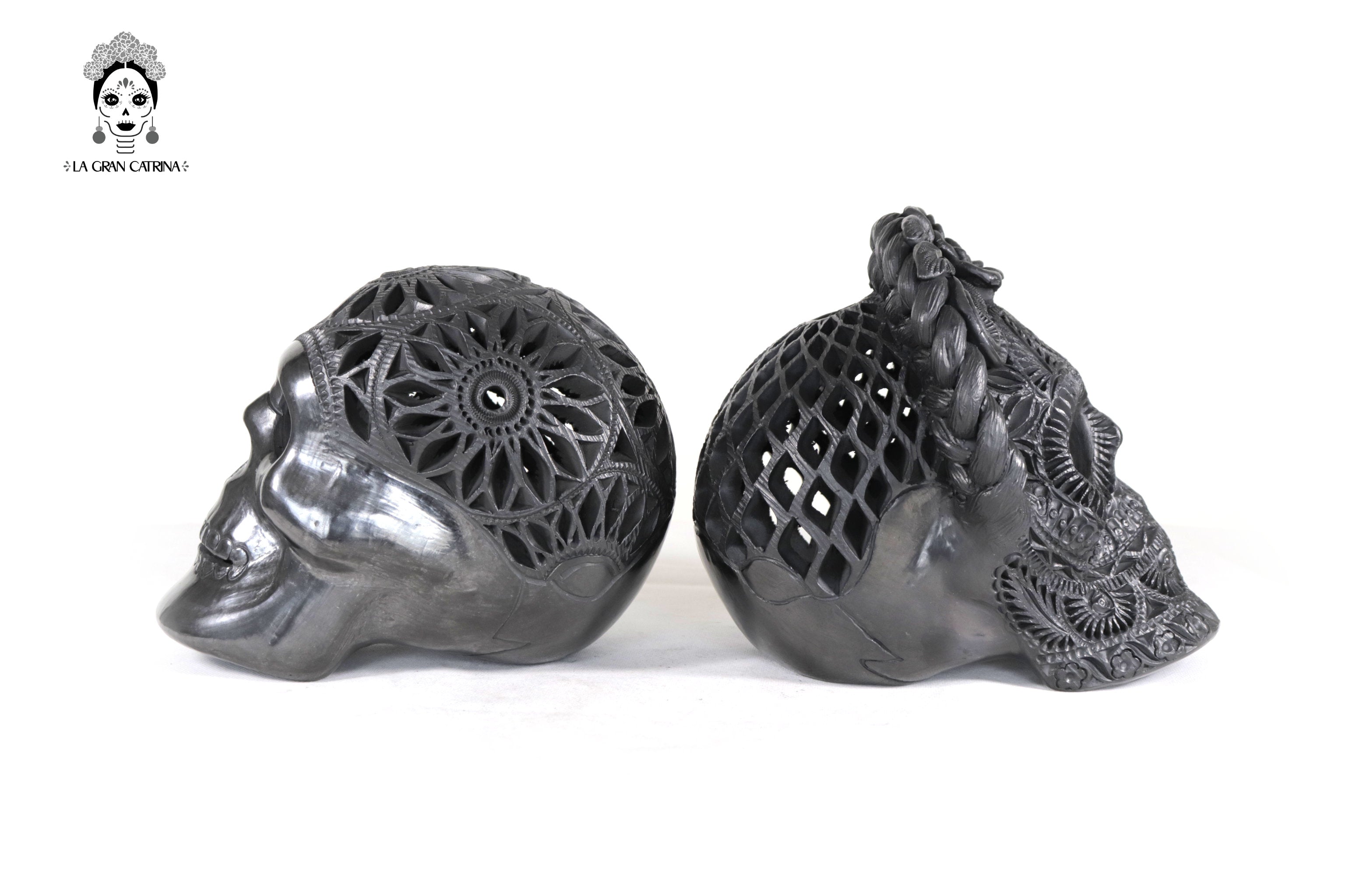 Pair Black Clay Skulls 7.1 in. - 7.9 in. Tere Oax