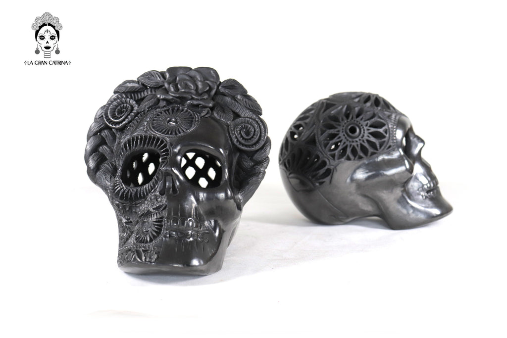 Pair Black Clay Skulls 7.1 in. - 7.9 in. Tere Oax