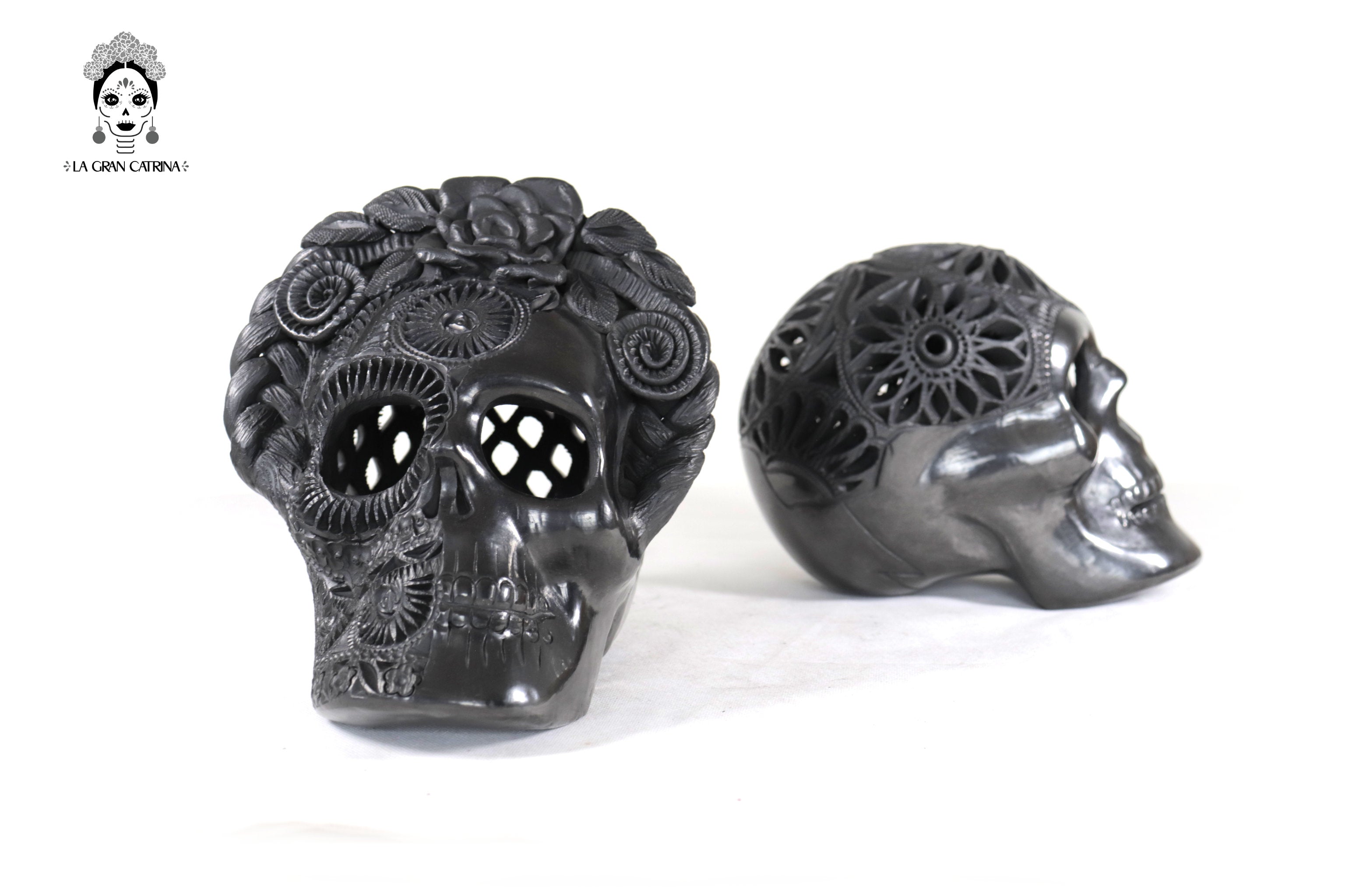 Pair Black Clay Skulls 7.1 in. - 7.9 in. Tere Oax