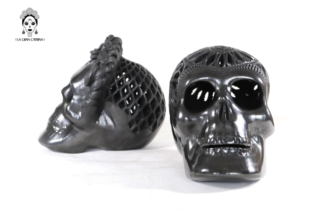 Pair Black Clay Skulls 7.1 in. - 7.9 in. Tere Oax