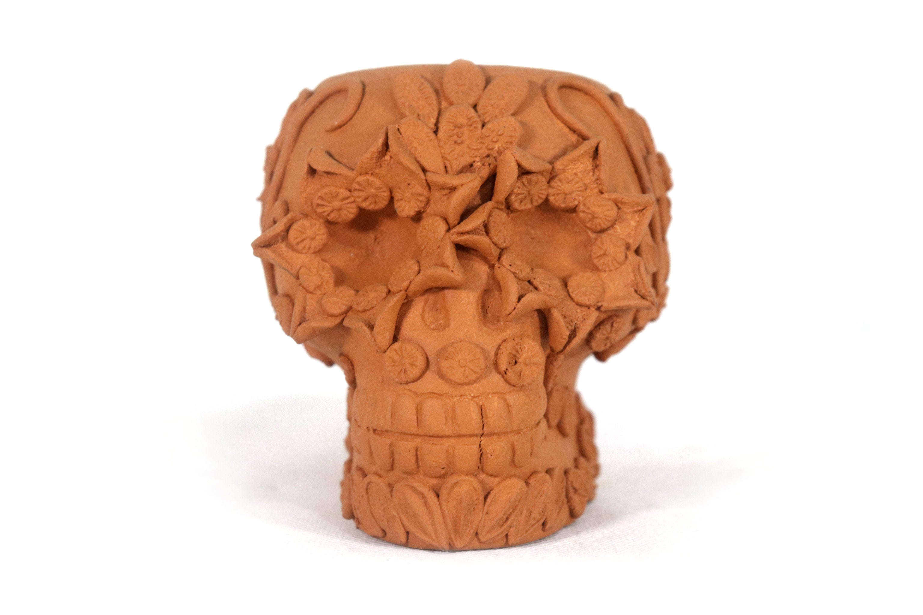 Planter Skull Natural Clay with Flowers Relieve - 3.9 in. Brenda Capula