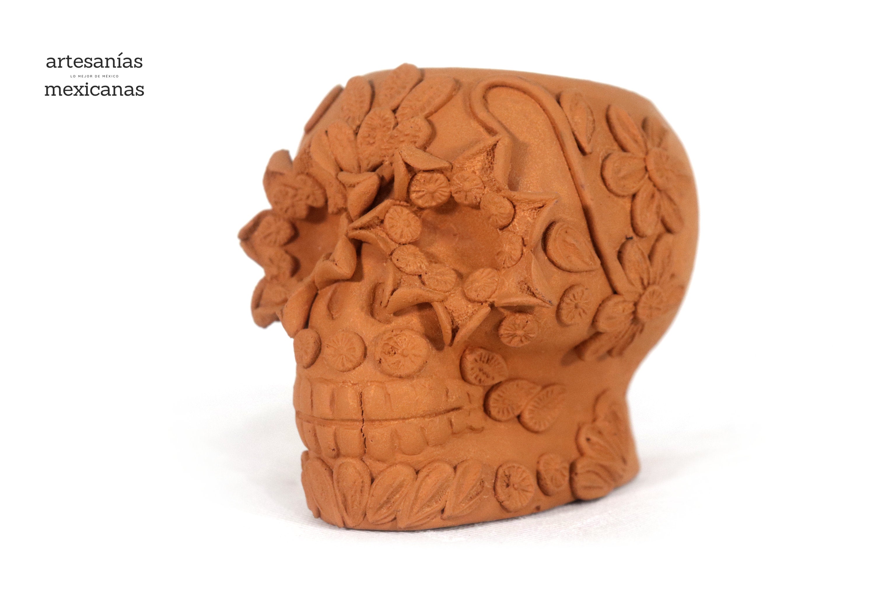 Planter Skull Natural Clay with Flowers Relieve - 3.9 in. Brenda Capula