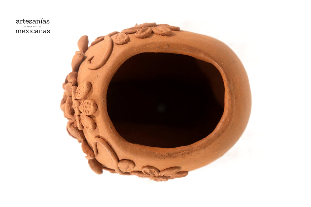 Planter Skull Natural Clay with Flowers Relieve - 3.9 in. Brenda Capula