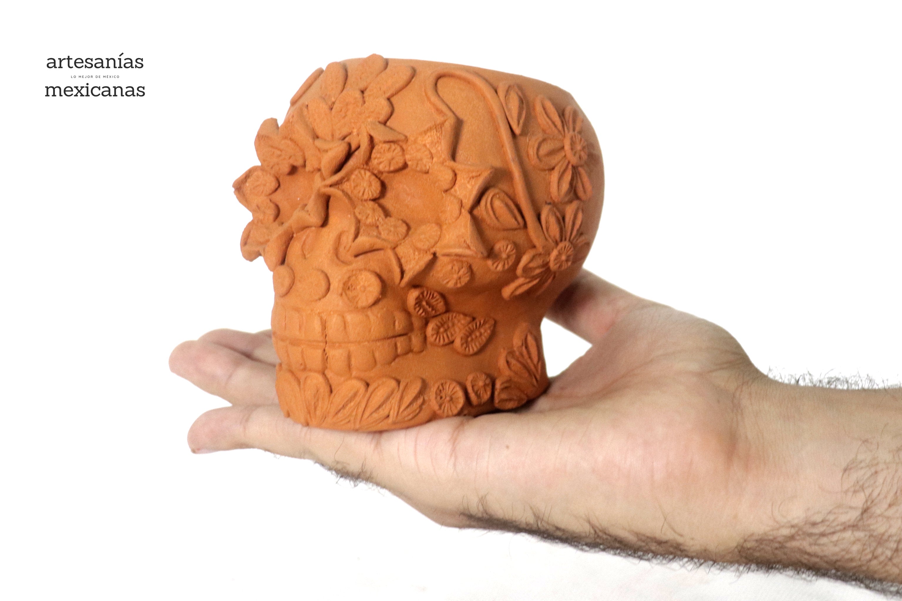Planter Skull Natural Clay with Flowers Relieve - 3.9 in. Brenda Capula