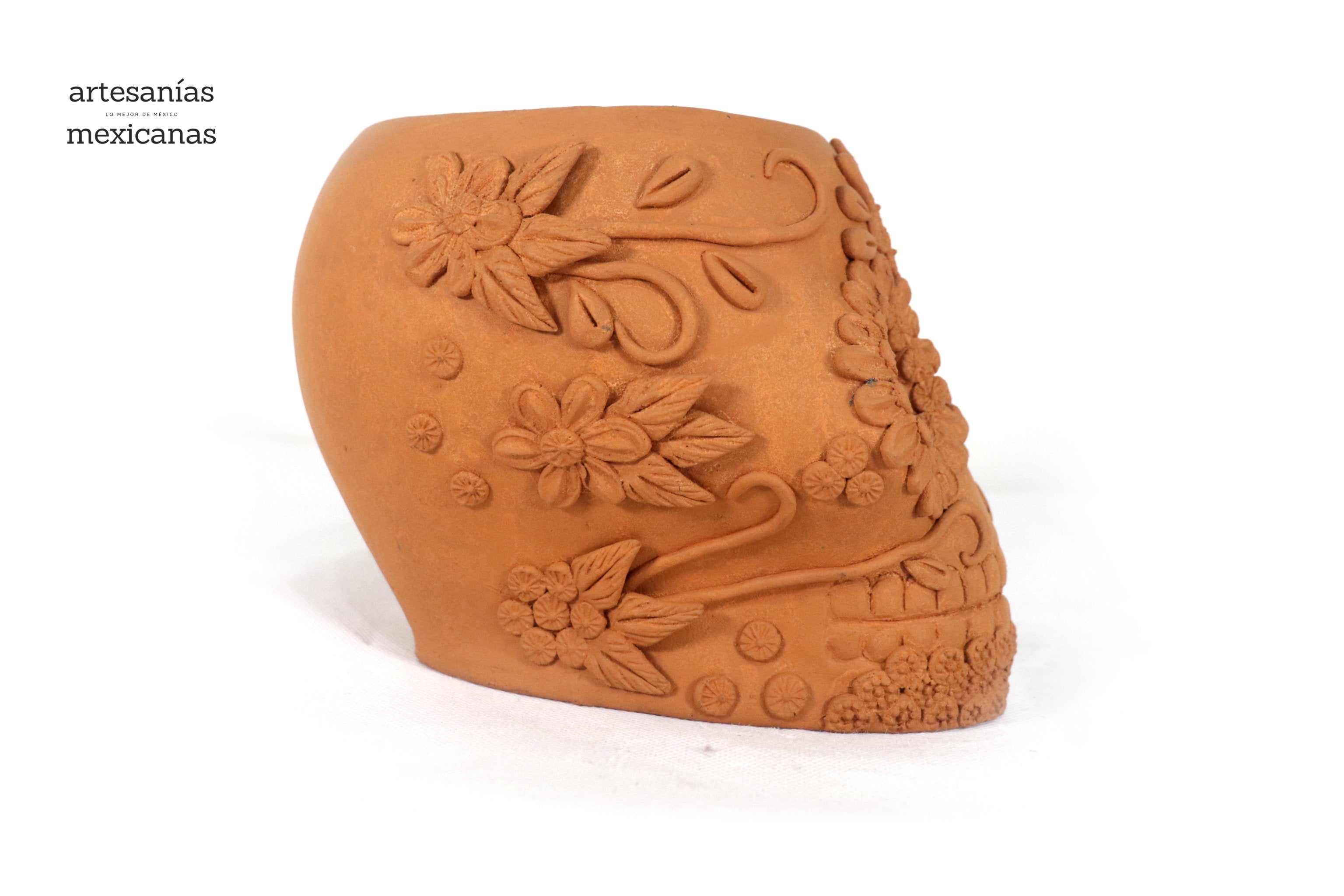 Planter Skull Natural Clay with Flowers Relieve - 6.2 in. Brenda Capula
