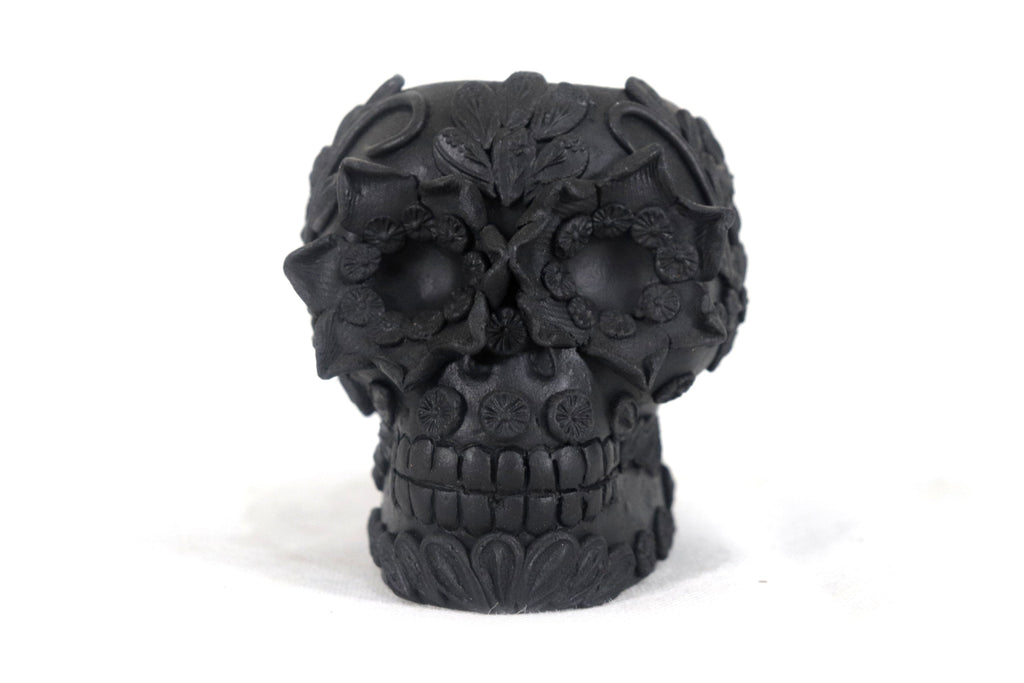 Planter Skull Black Clay with Flowers Relieve - 3.9 in. Brenda Capula