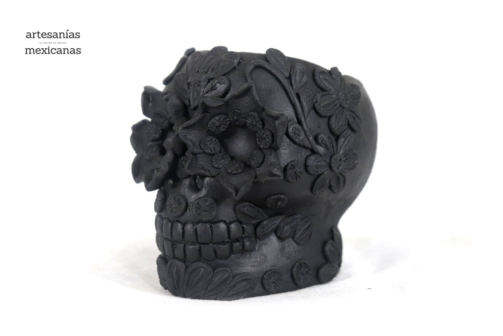 Planter Skull Black Clay with Flowers Relieve - 3.9 in. Brenda Capula