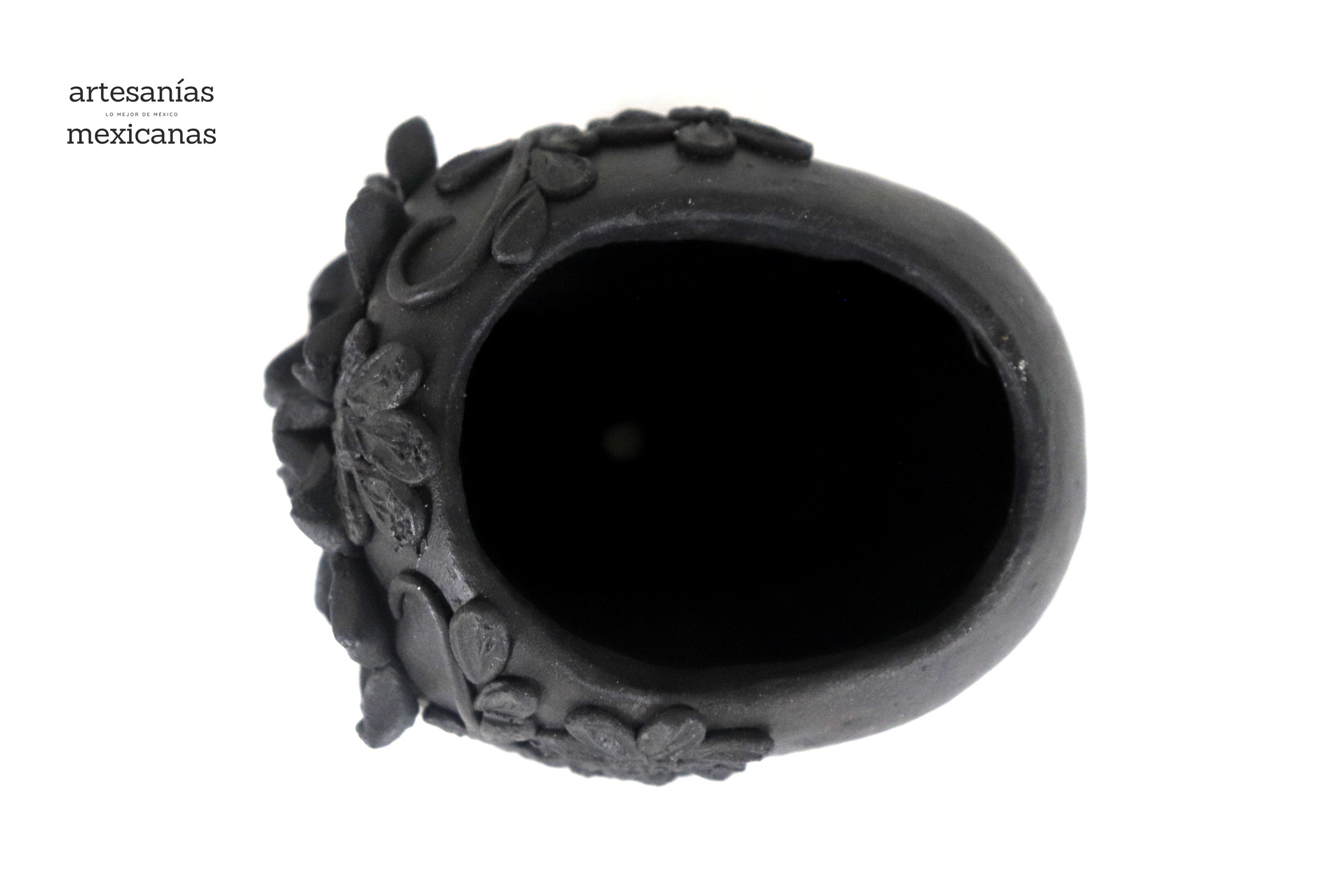Planter Skull Black Clay with Flowers Relieve - 3.9 in. Brenda Capula