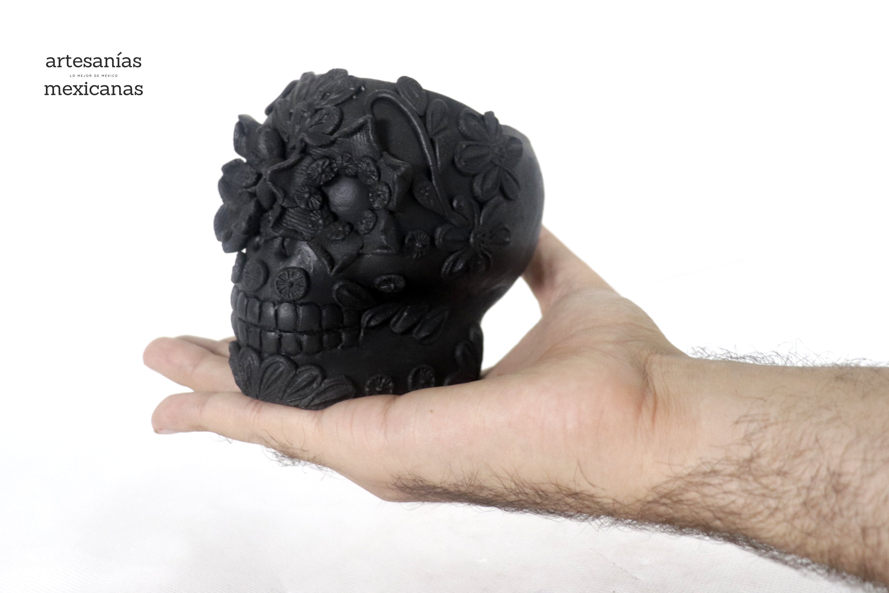 Planter Skull Black Clay with Flowers Relieve - 3.9 in. Brenda Capula