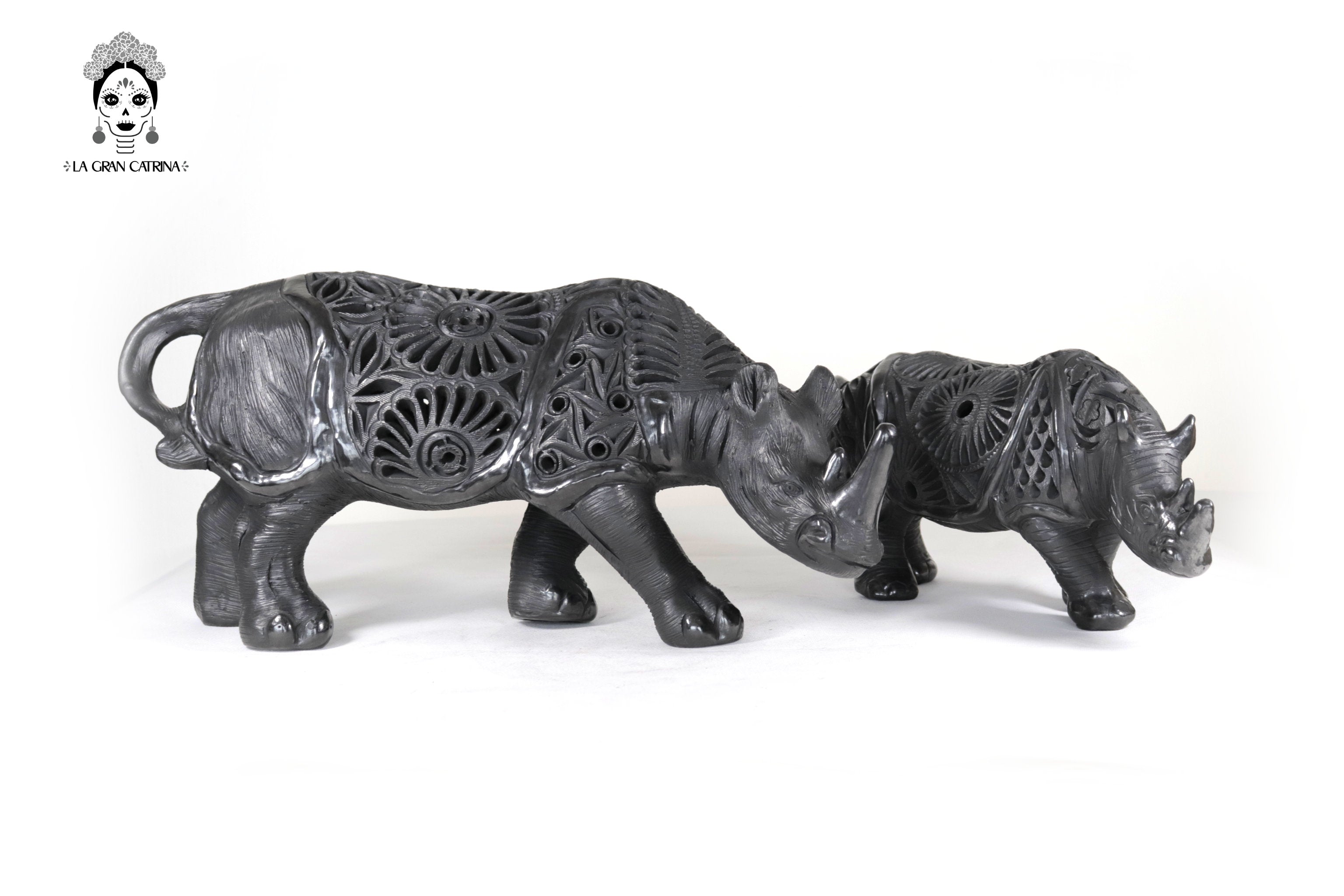 Black Clay Pair of Rhinoceroses - 7.9 in. - 5.5 in. Tere Oax