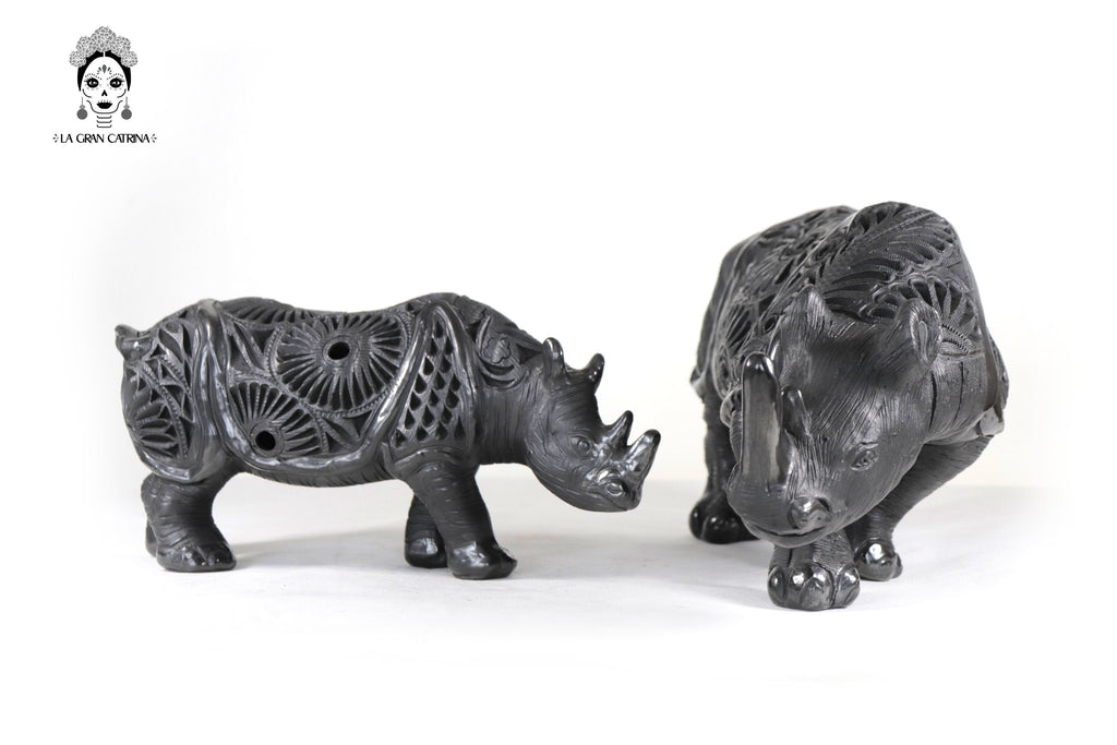 Black Clay Pair of Rhinoceroses - 7.9 in. - 5.5 in. Tere Oax